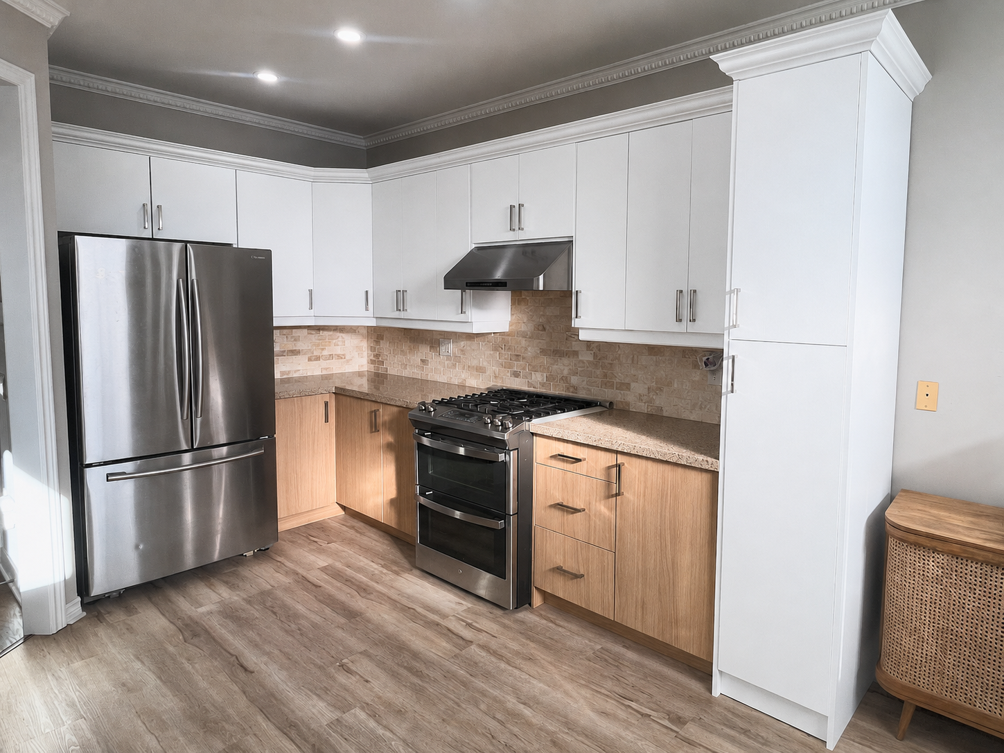 White shaker vinyl-wrapped kitchen cabinets