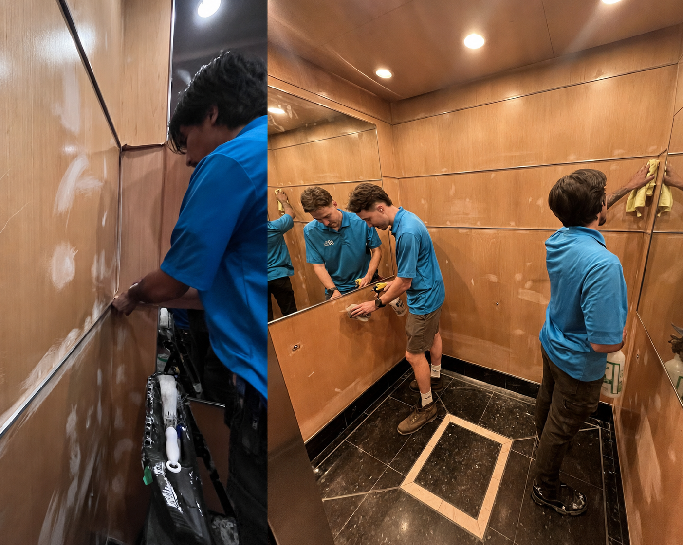House of Wrap installers refinishing an elevator cab