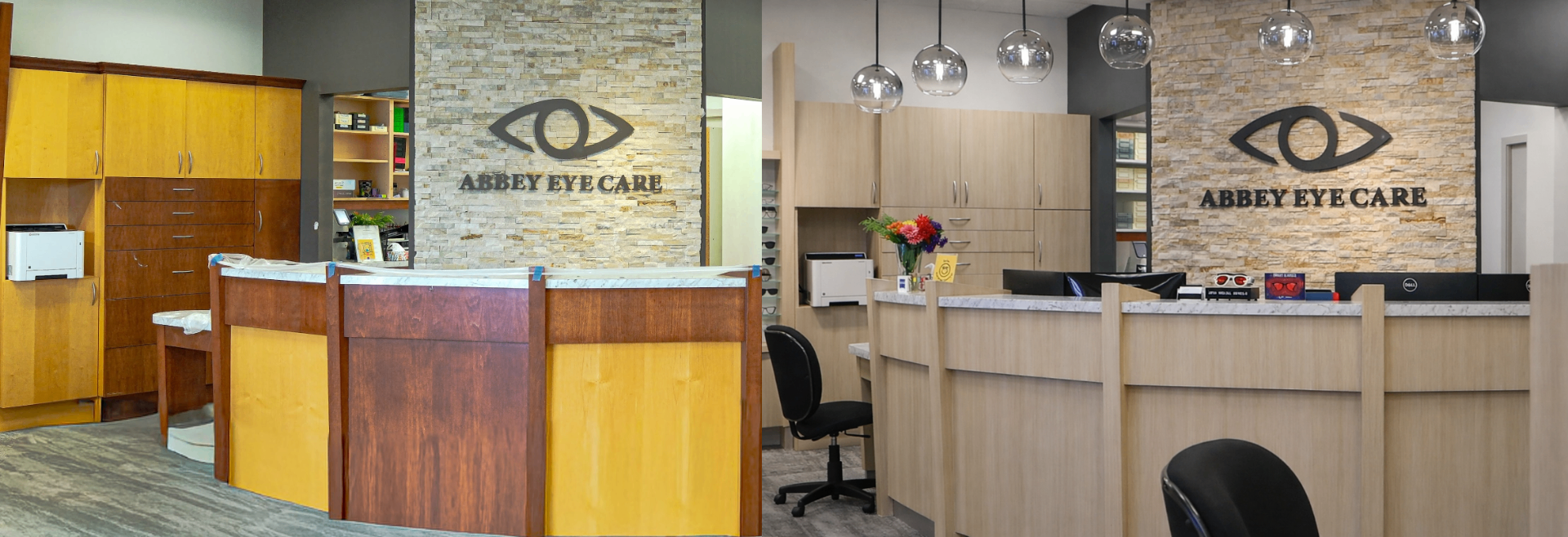 Abbey Eye Care reception cabinetry — before and after architectural vinyl wrap