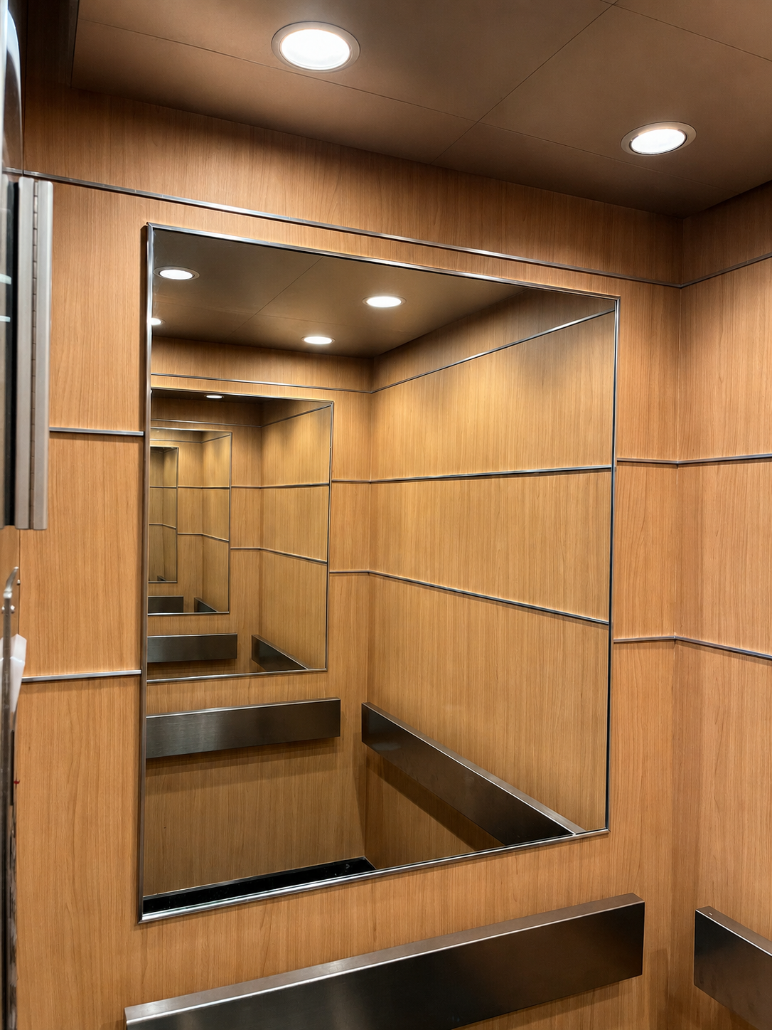 Elevator interior with mirror and wood grain wrapped walls