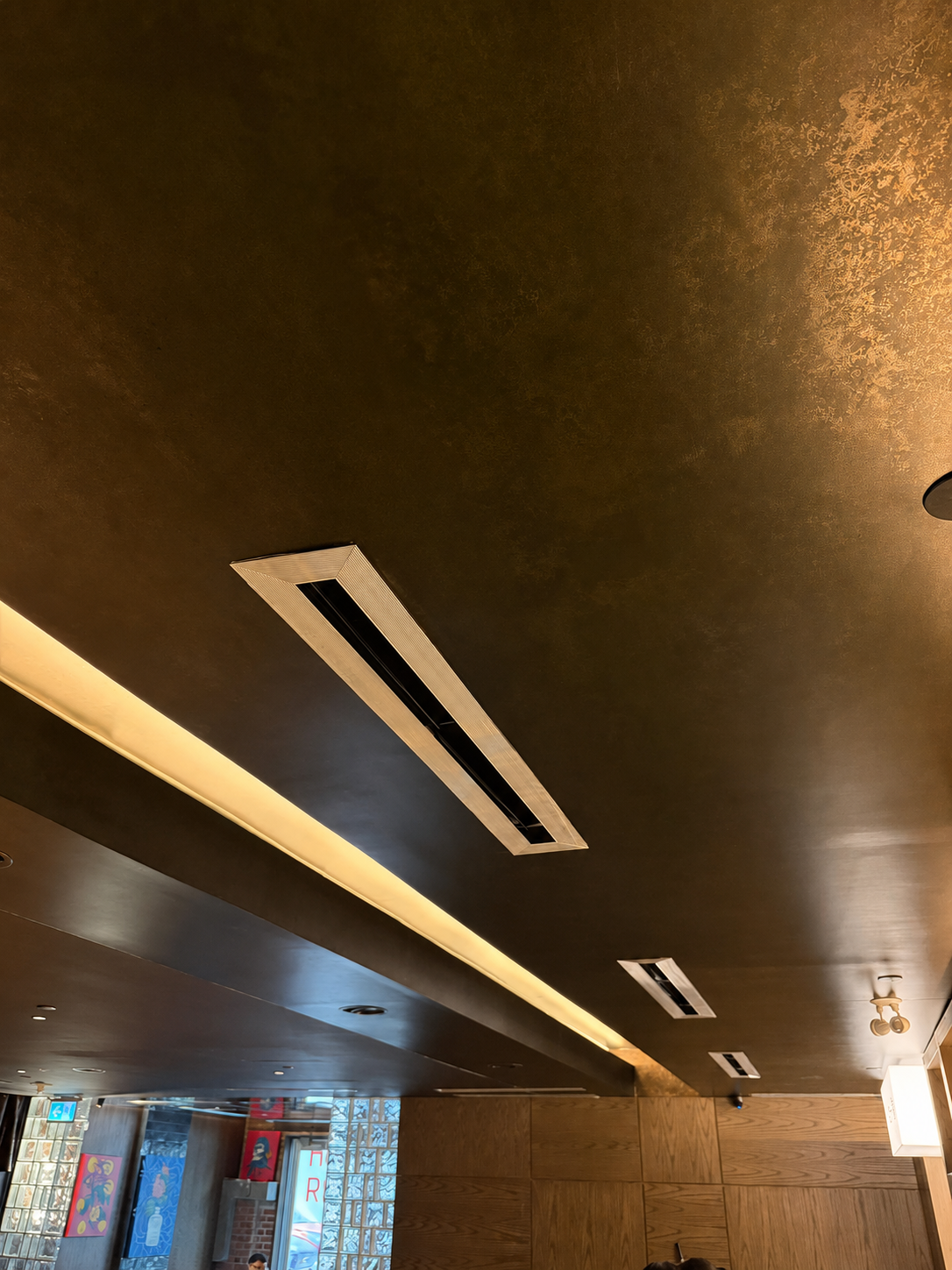 Bronze textured ceiling finish with recessed linear light