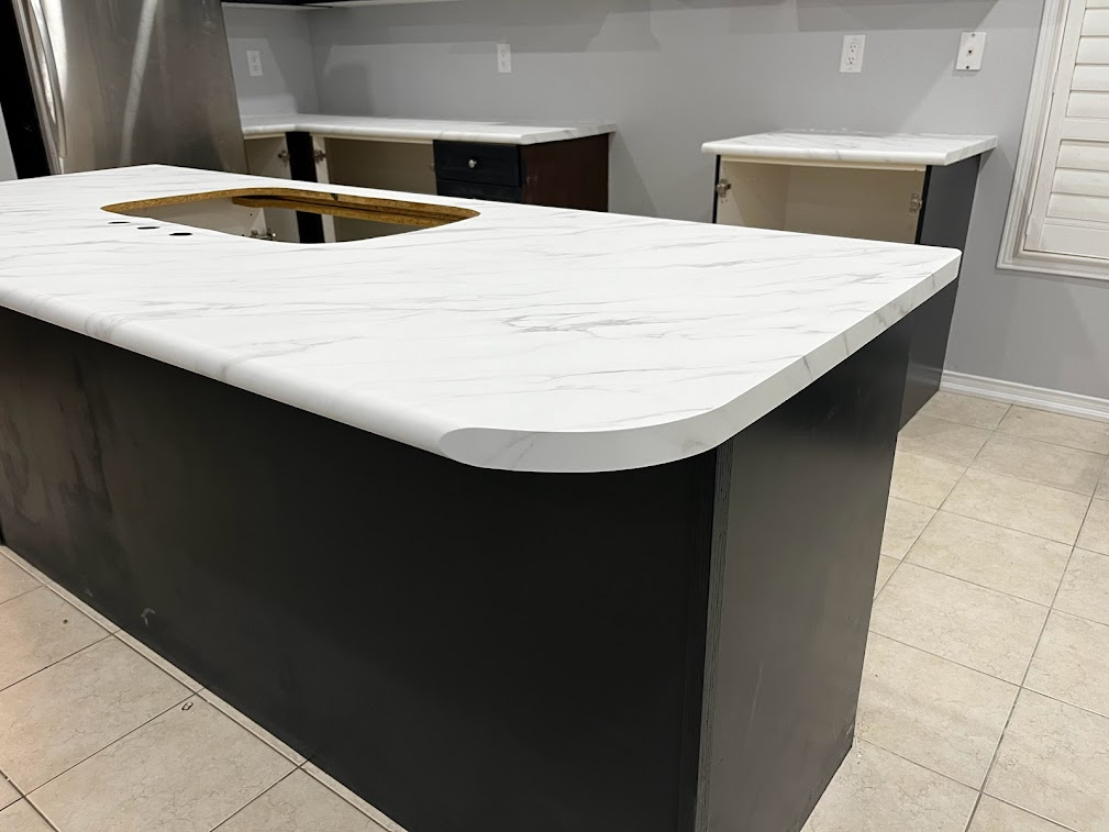 White marble vinyl wrapped kitchen island countertop