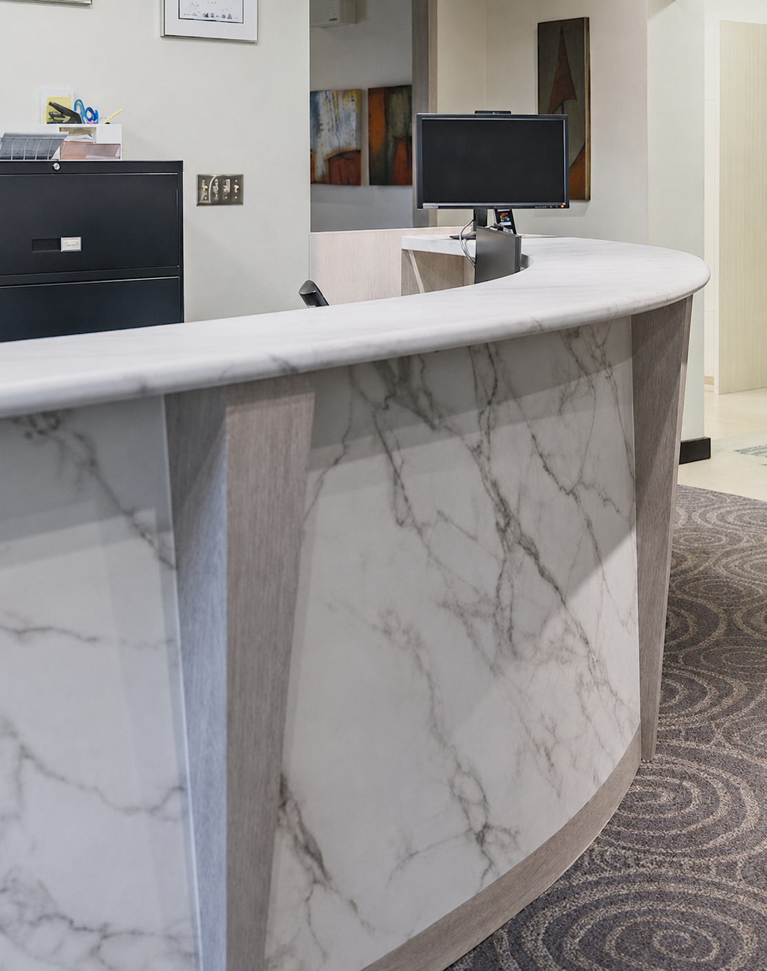 Marble vinyl wrapped curved office reception desk