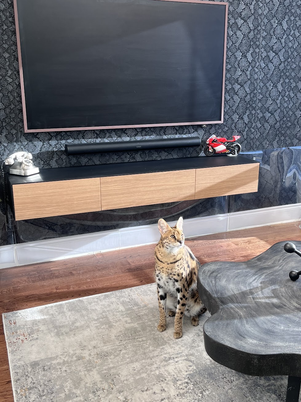 Woodgrain vinyl-wrapped floating media console