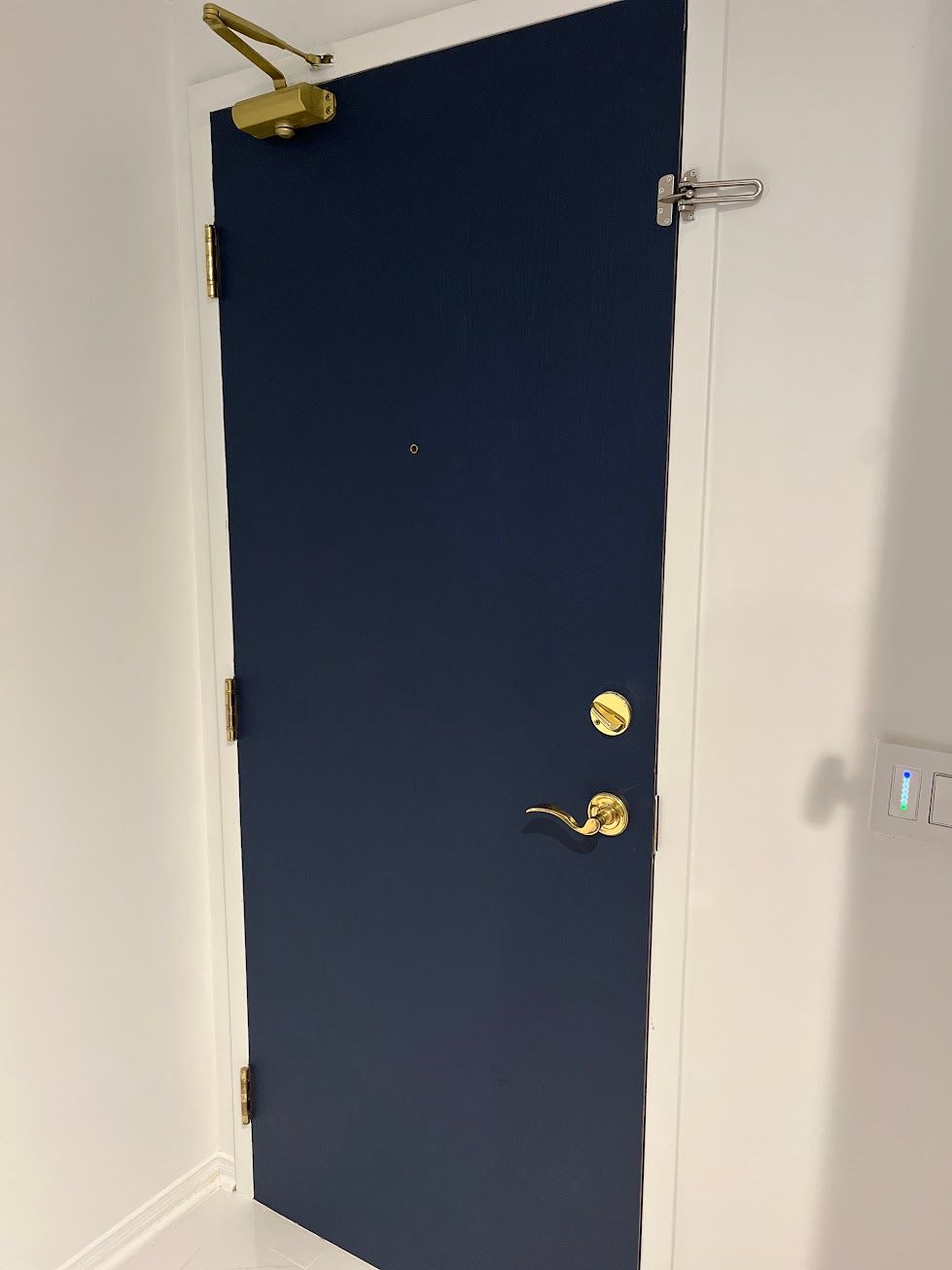 Navy blue vinyl-wrapped door with brass hardware