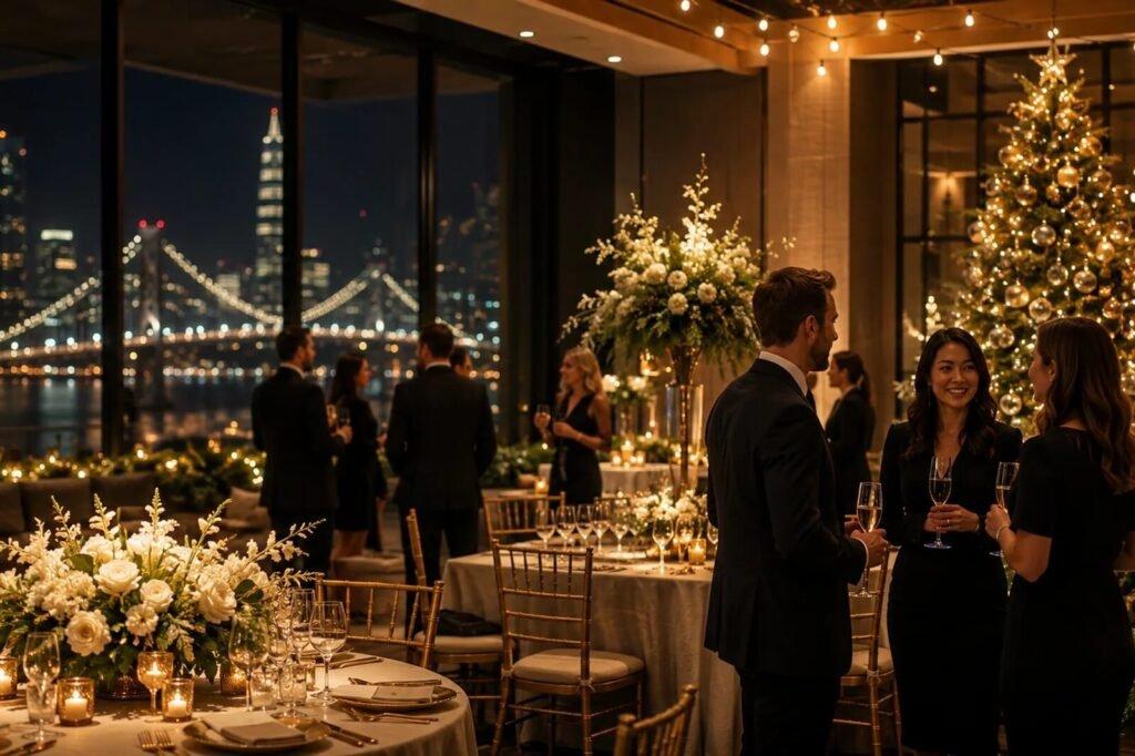 Corporate holiday event dining room with Christmas tree
