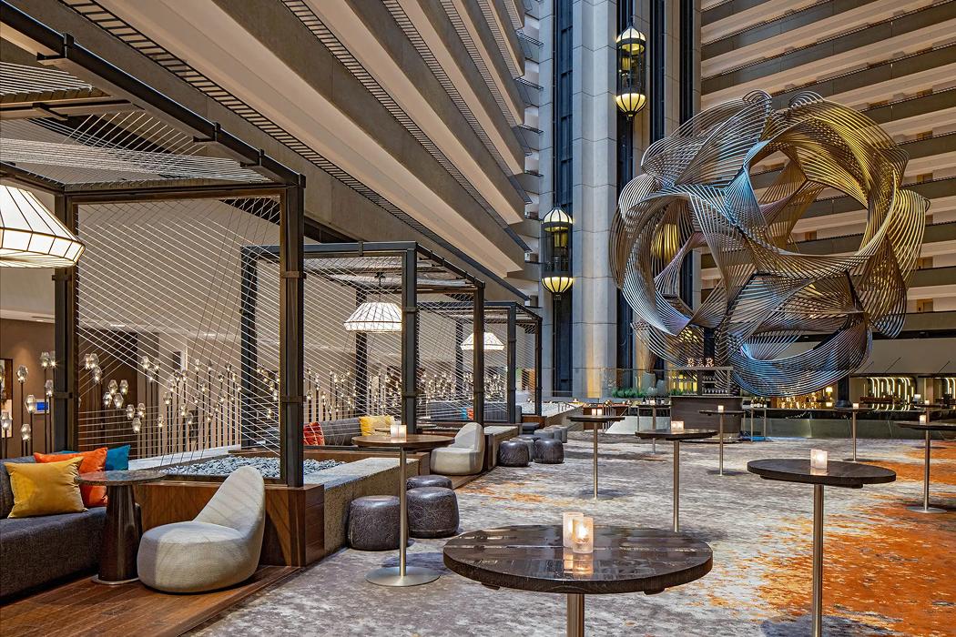 Hotel lobby with modern sculpture and seating