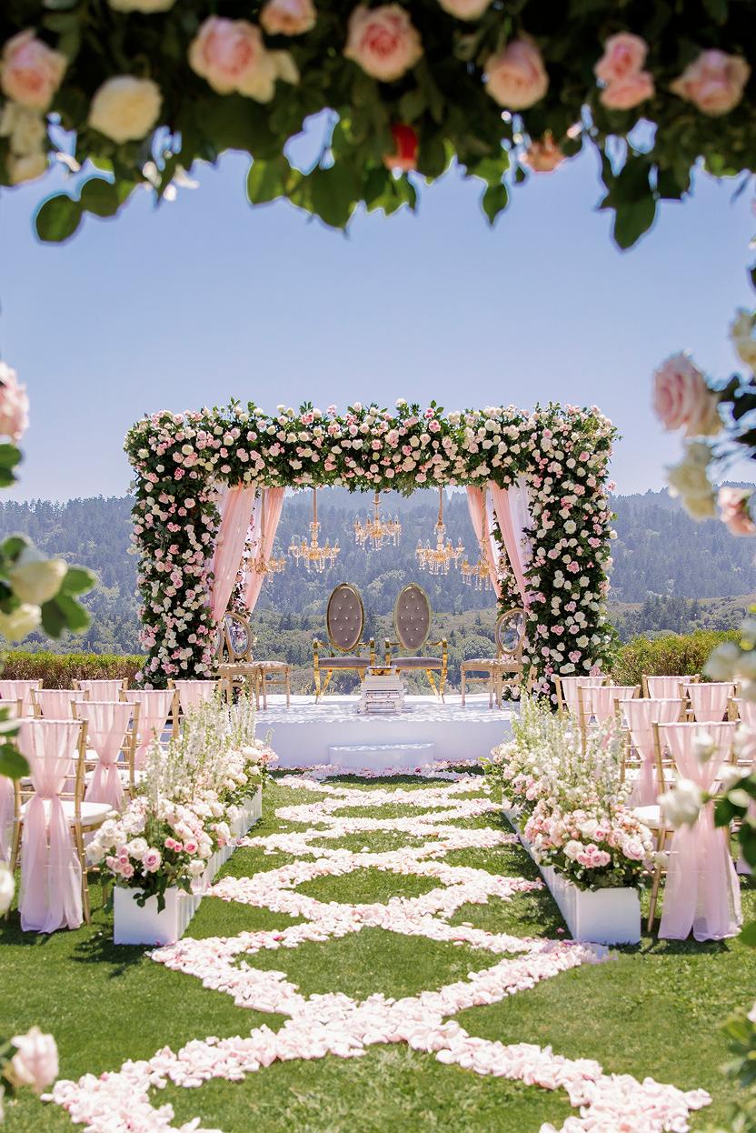 Outdoor wedding ceremony with floral arch and vineyard views