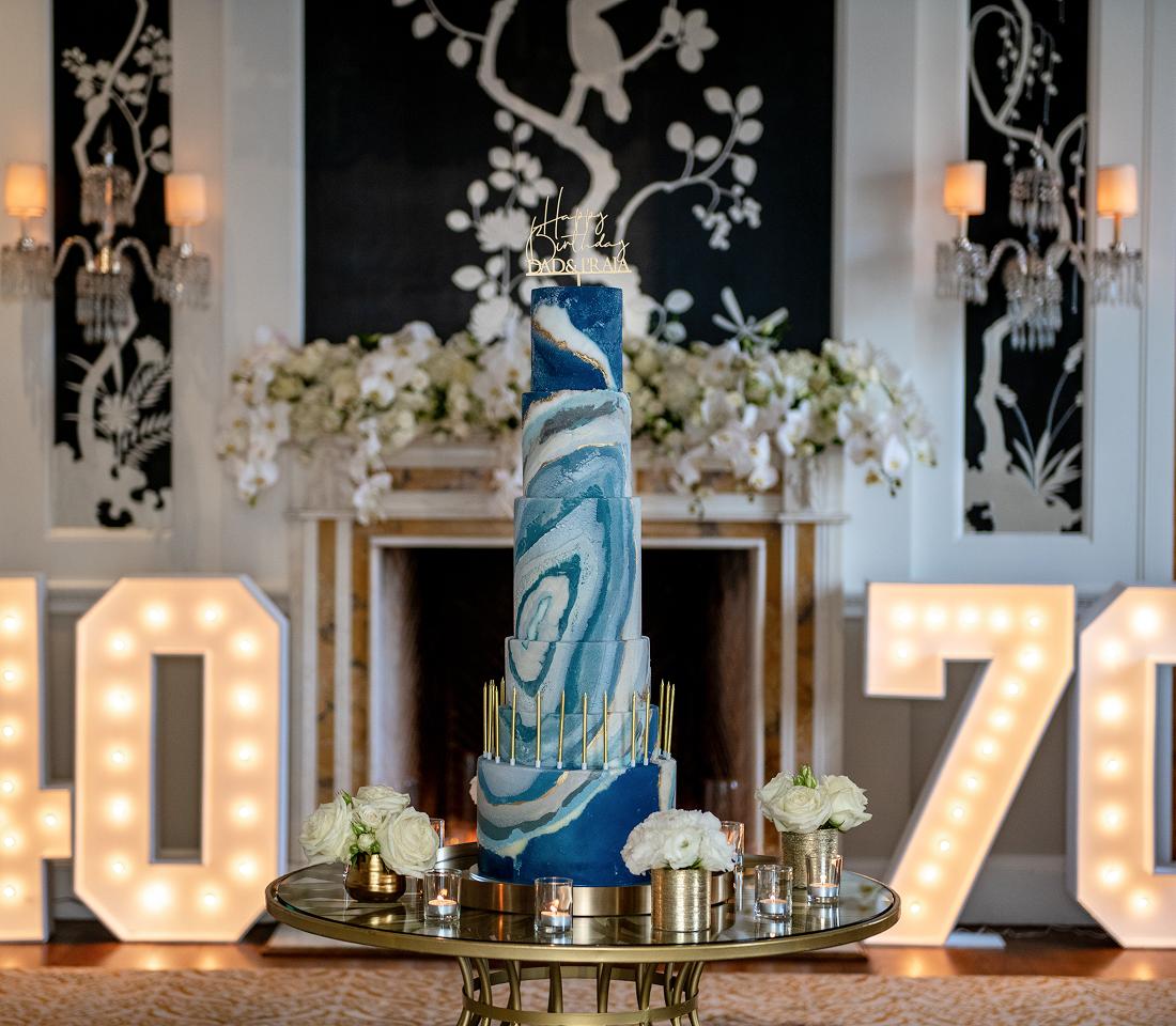 Decorated milestone celebration cake in a black and white venue