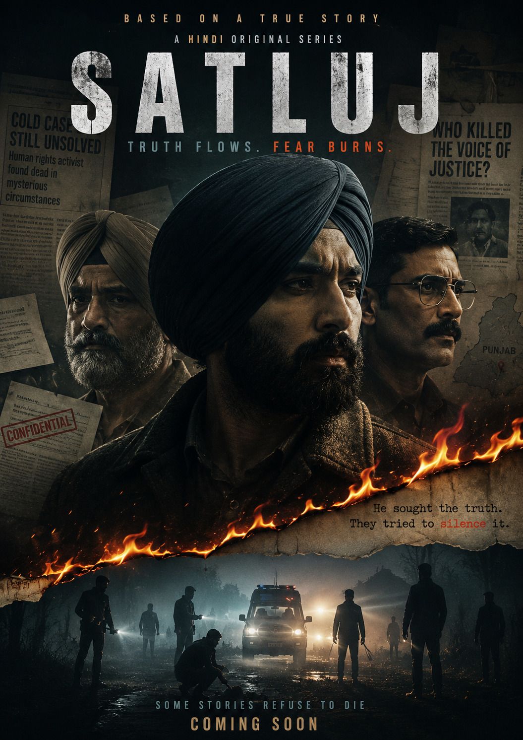 Illustrative poster inspired by Satluj (2026) with a crime investigation theme and cinematic dark atmosphere