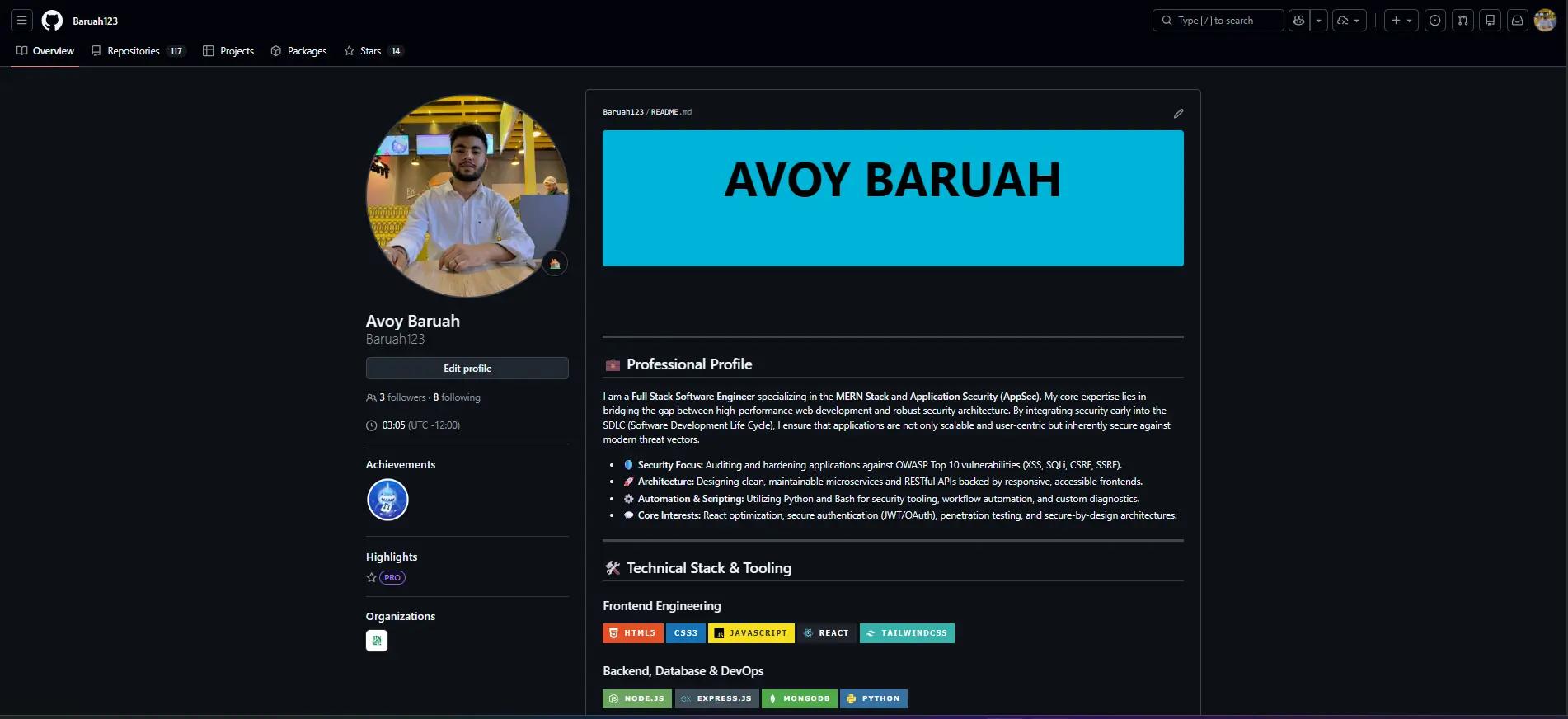 GitHub profile of Avoy Baruah showcasing developer portfolio, repositories, technical skills, and open source contributions