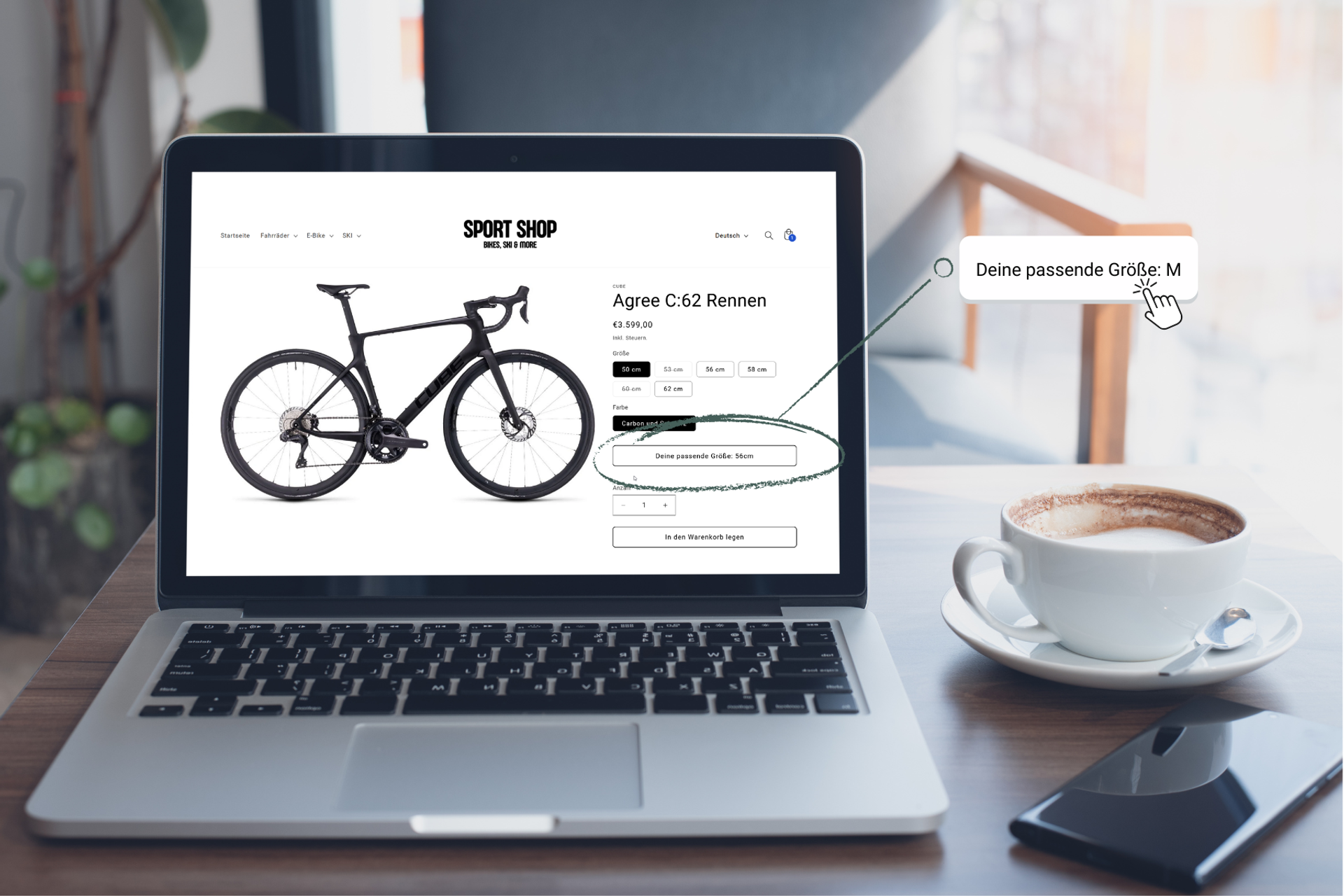 Der Smart Sizing Button liefert automatisierte, datengestützte Größenempfehlungen direkt auf der Produktseite, ohne zusätzlichen Klick