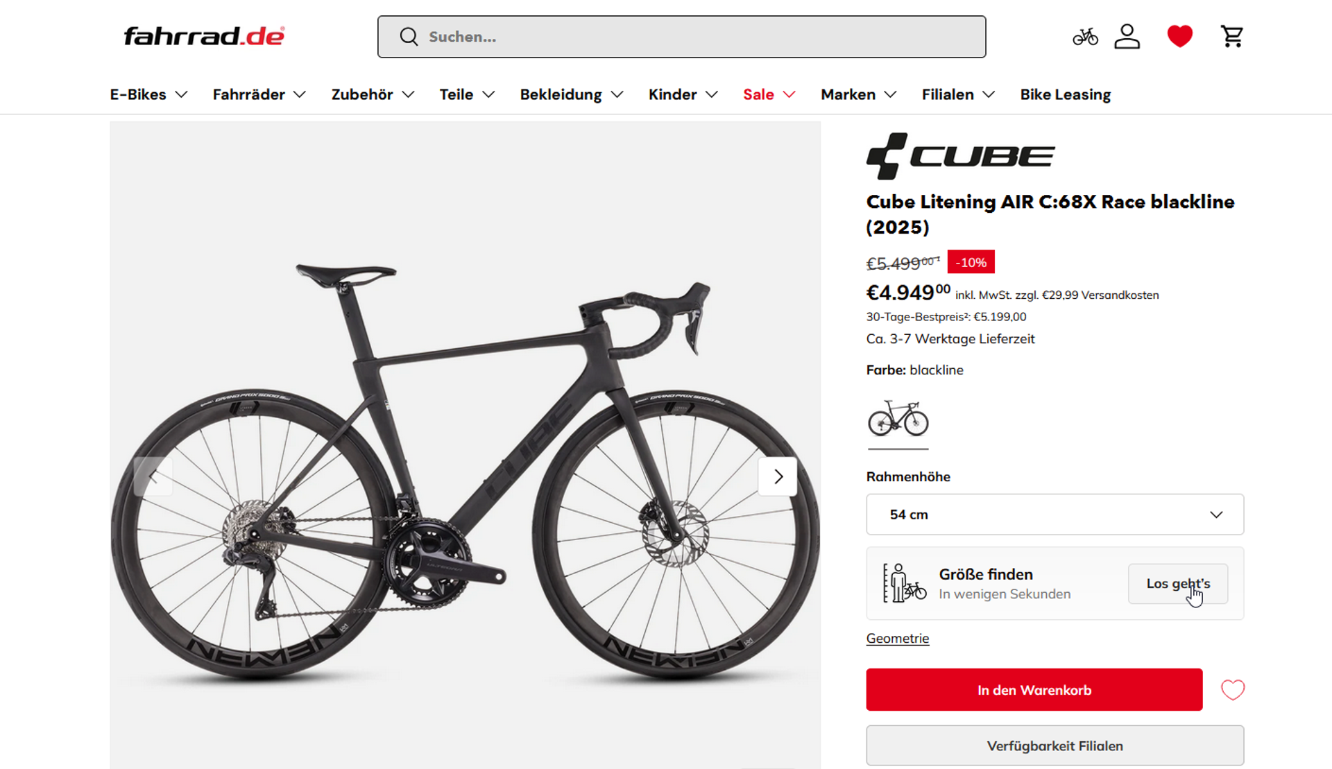 Der "Los geht's"- Button bringt fahrrad.de Kunden direkt zur richtigen Rahmengröße