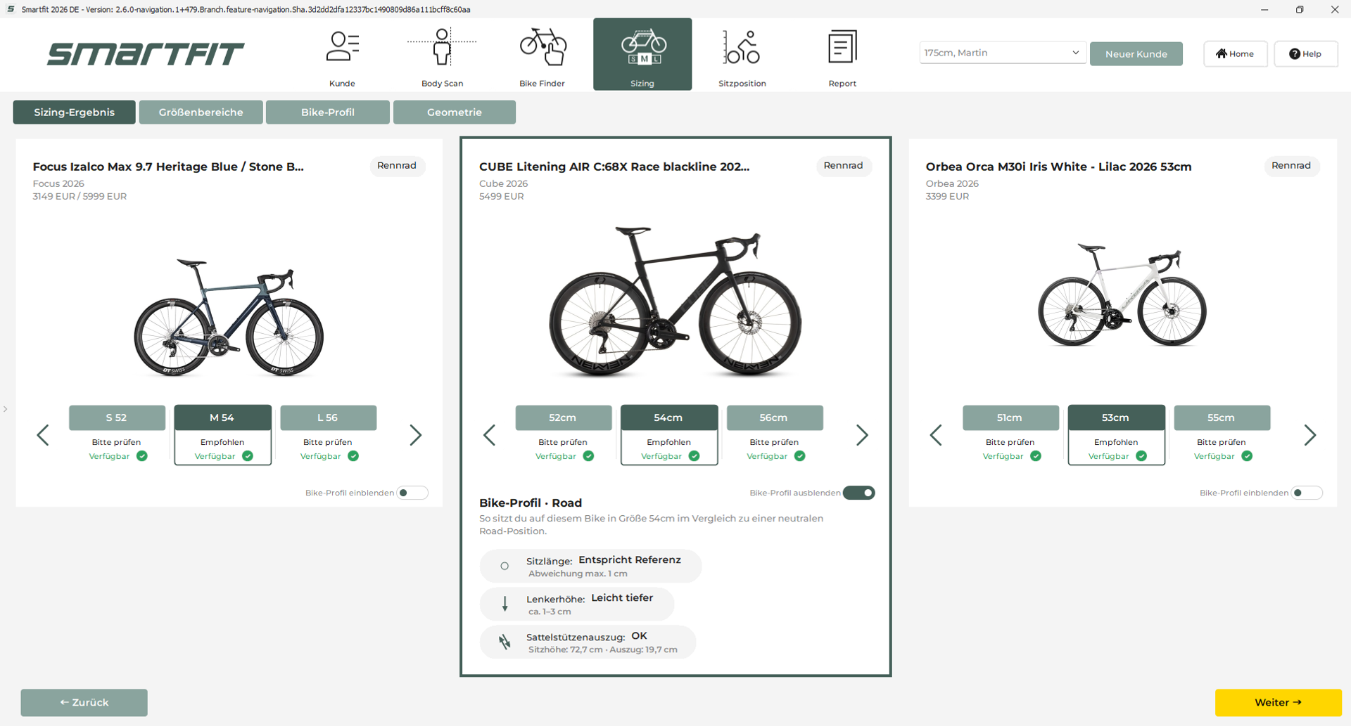 Das Bike Profil beschreibt die Sitzposition sowie den Charakter des Rads und zeigt mögliche Veränderungen und Abweichungen in Sitzhöhe und Sitzlänge.