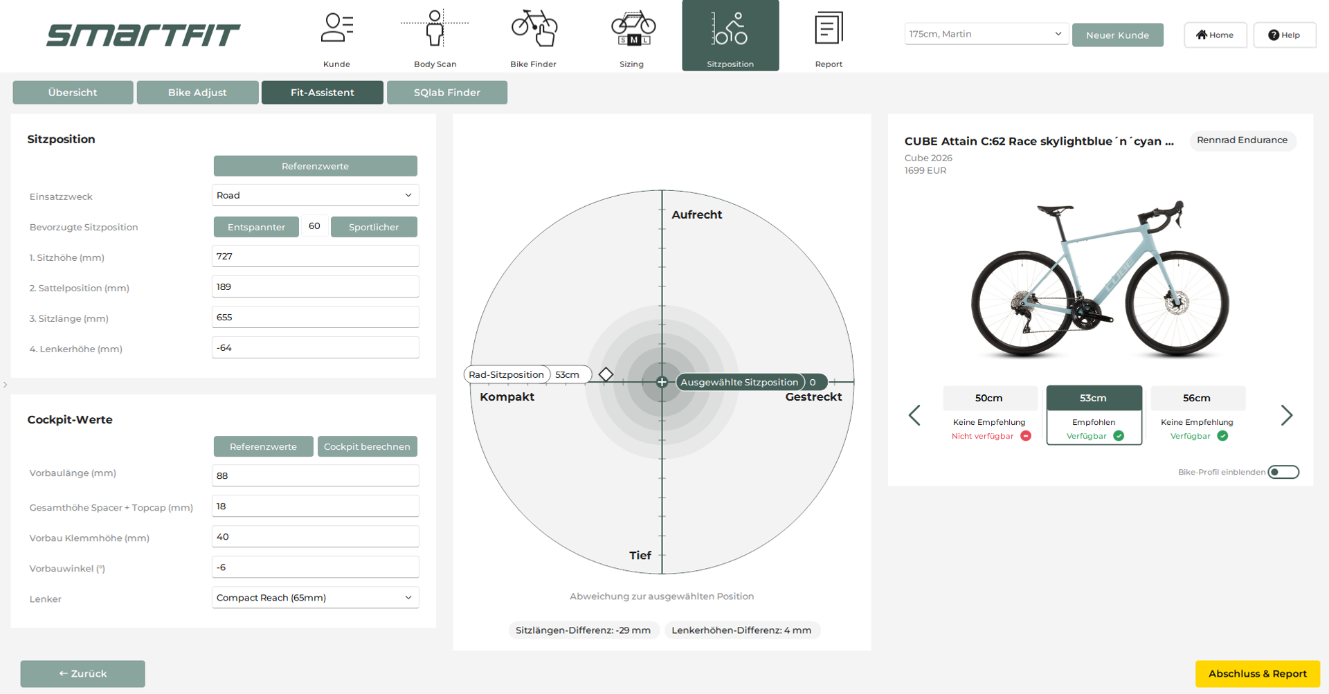 Der Fit Assistent simuliert unterschiedliche Sitzpositionen und berechnet, welche Cockpit Änderungen nötig sind, um den perfekten Fit zu erhalten.