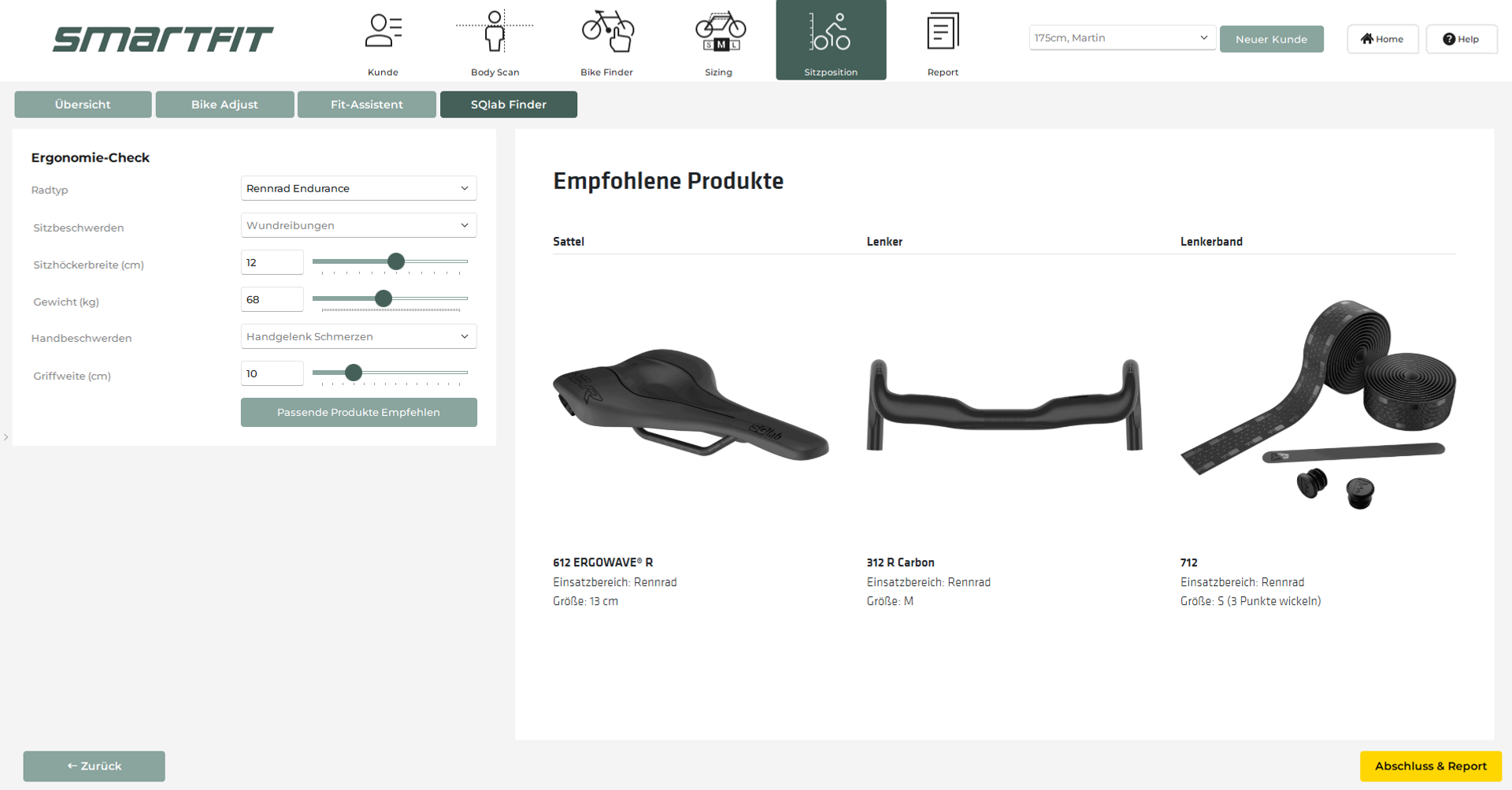 Für SQlab-Händler: Beschwerden erfassen und direkt passende SQlab-Sättel, Griffe & Zubehör empfehlen.