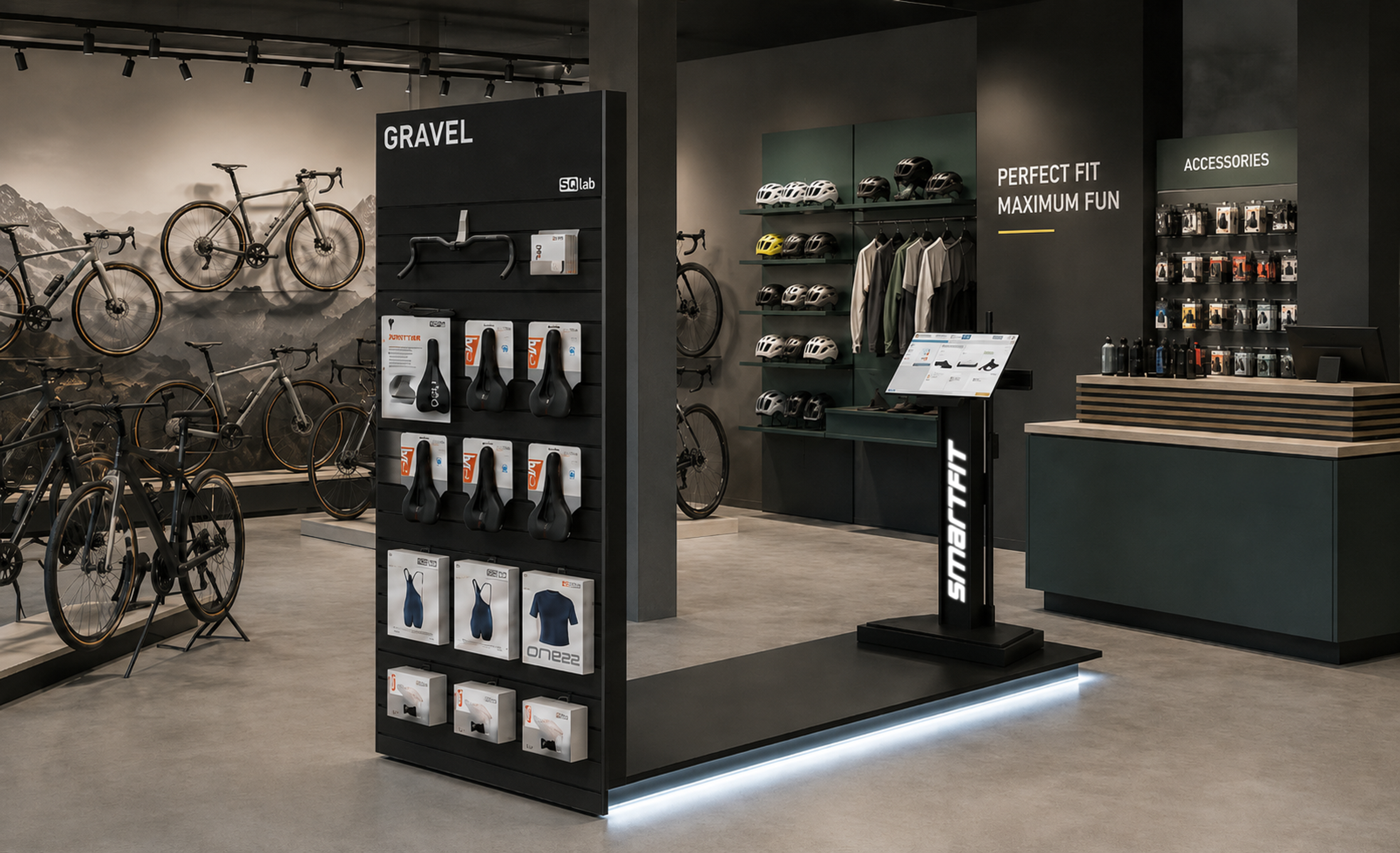 Das Q2-Podest mit Slatwall zur Platzierung eurer SQlab-Produkte