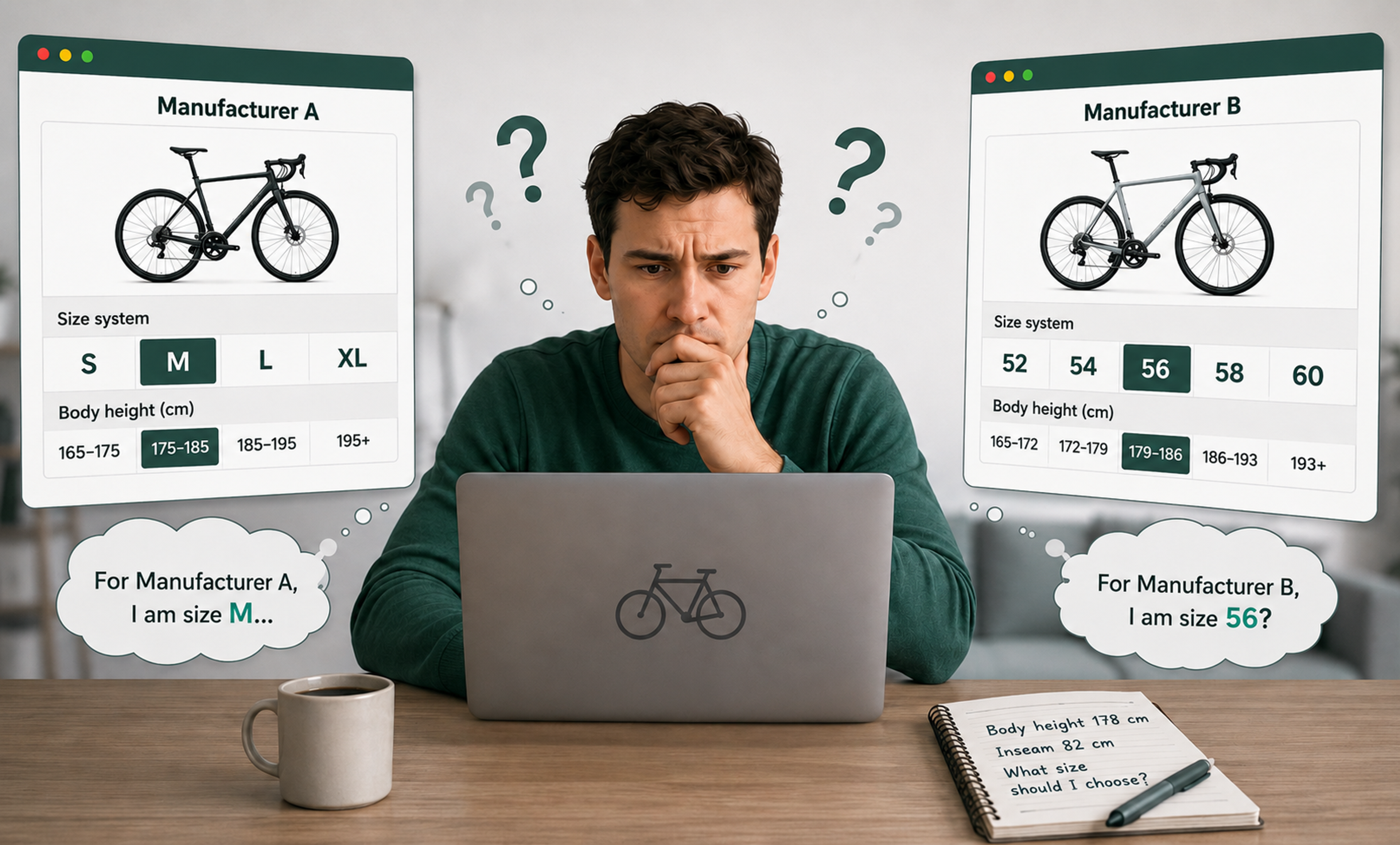 Different bike brands use varying sizing specifications, thereby making it difficult for customers to find the right frame size and decide online
