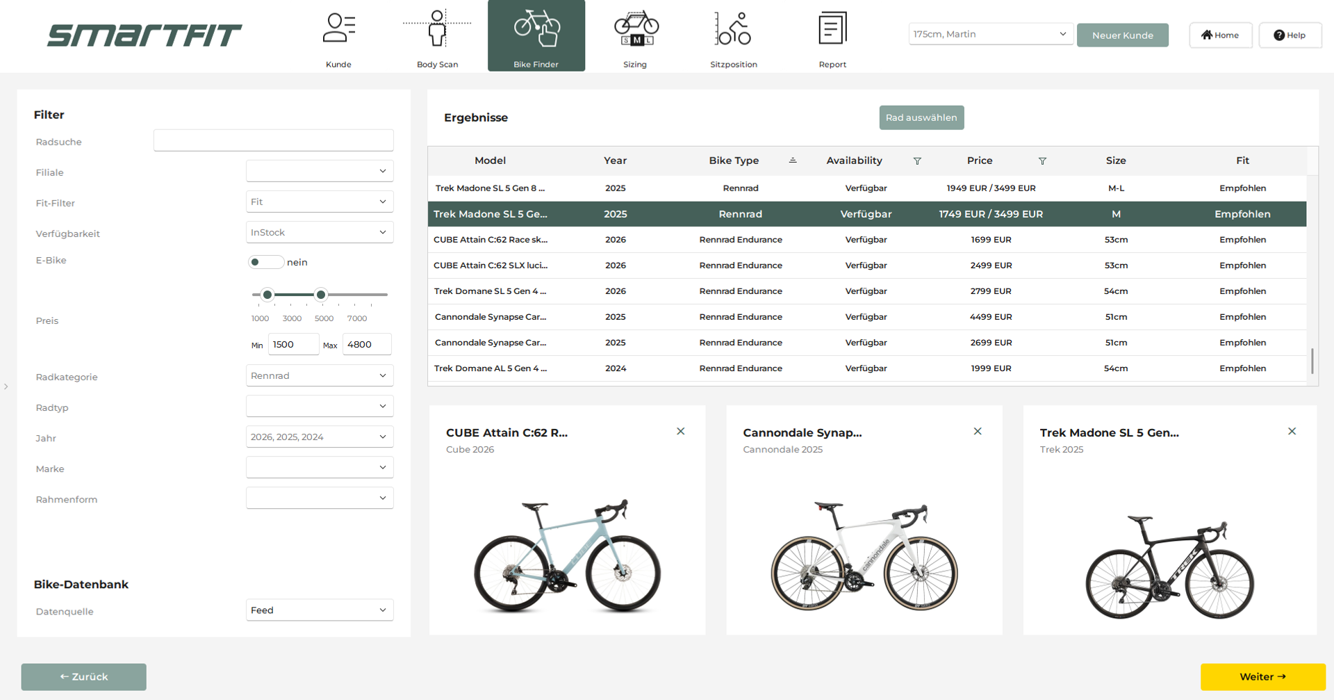 Bike-Finder: Vom Körpermaß direkt zum verfügbaren Bike in der passenden Größe.
