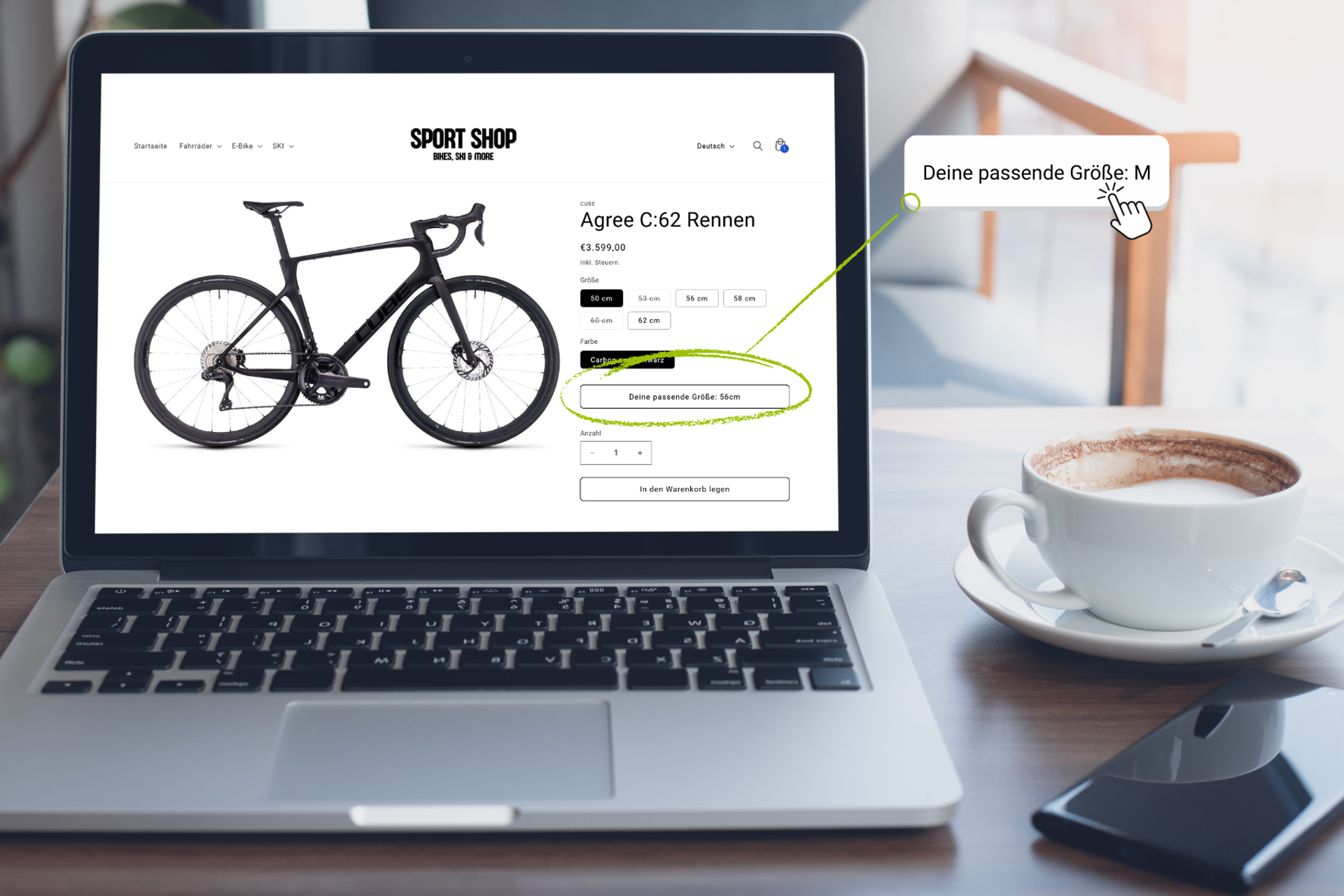 Der Smart Sizing Button liefert automatisierte, datengestützte Größenempfehlungen direkt auf der Produktseite, ohne zusätzlichen Klick.