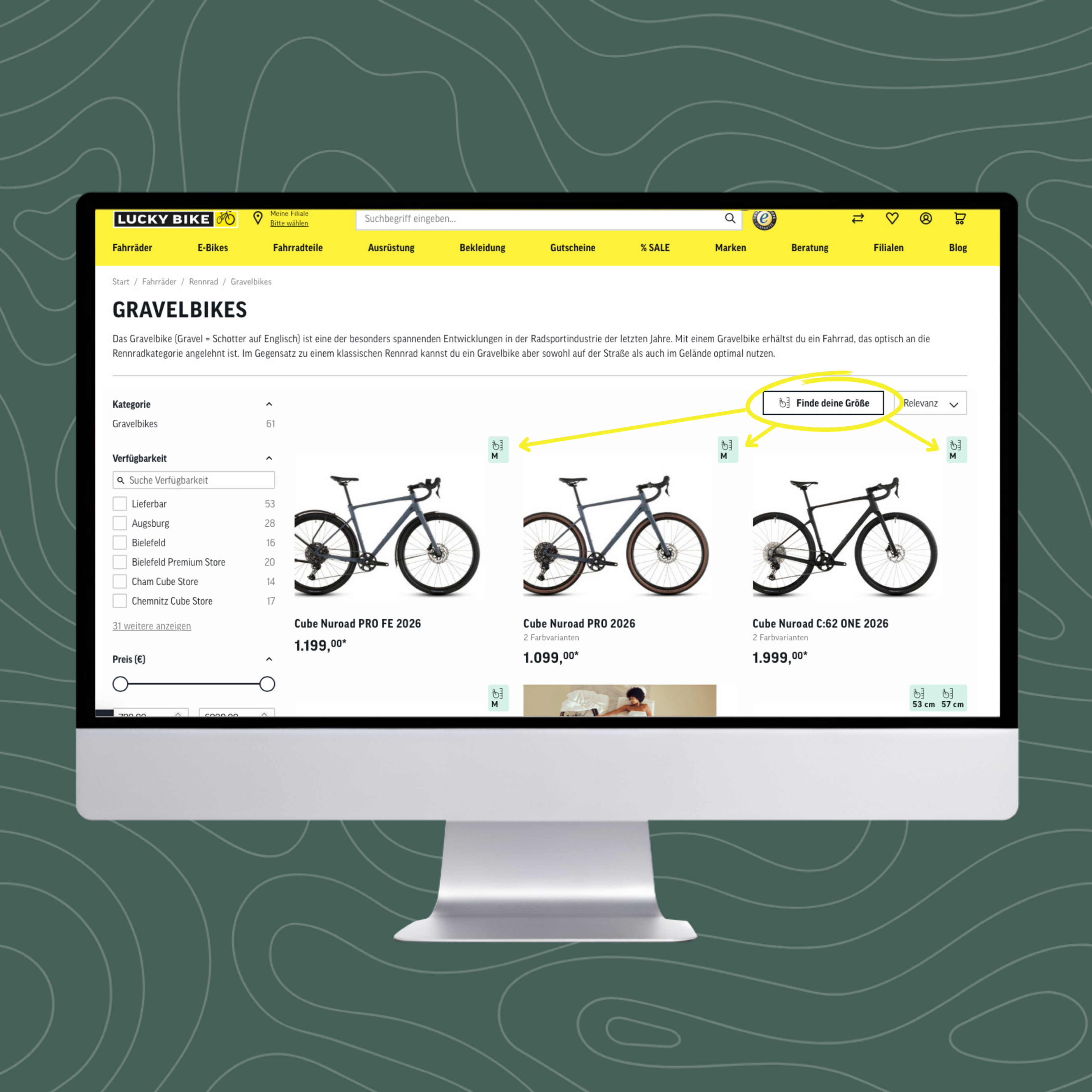 Sizing wird bei Lucky Bike bereits auf der Product Listing Page integriert. Einmal die richtige Größe berechnet, wird sie den Kund:innen für jedes Bike angezeigt.