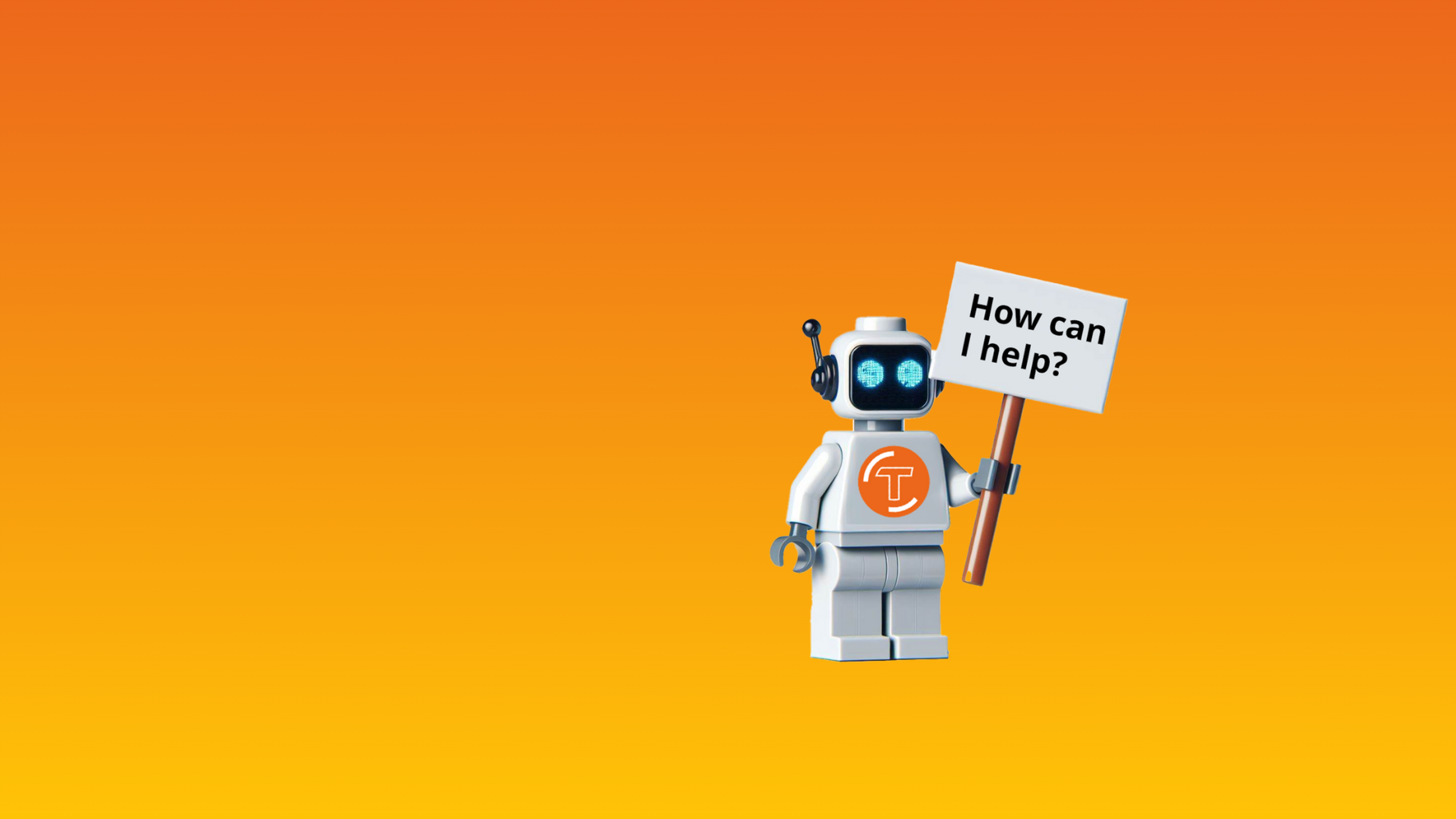 A lego robot with a sign on a gradient orange background