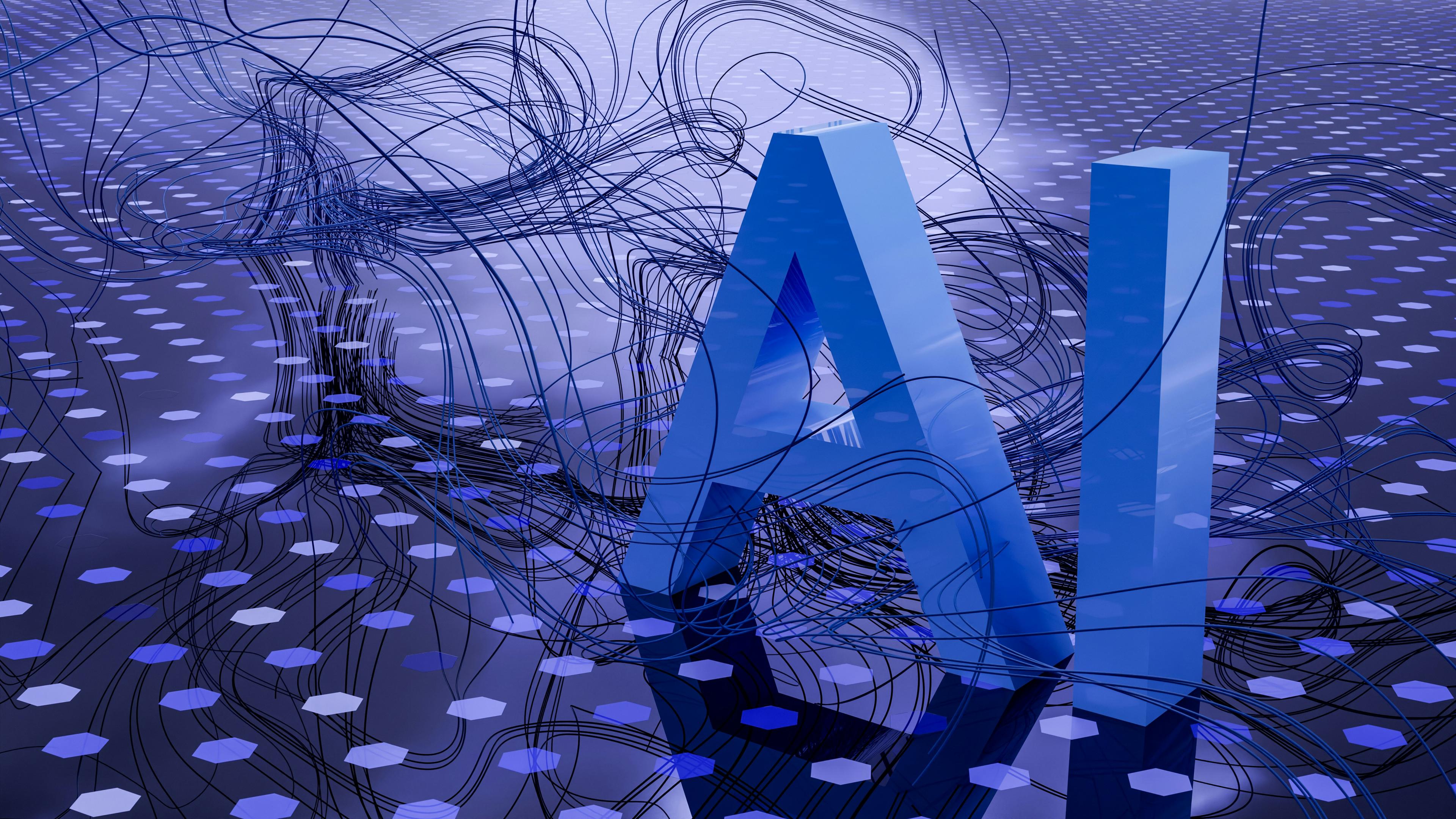 The word AI in blue on a dotted surface with black threads 