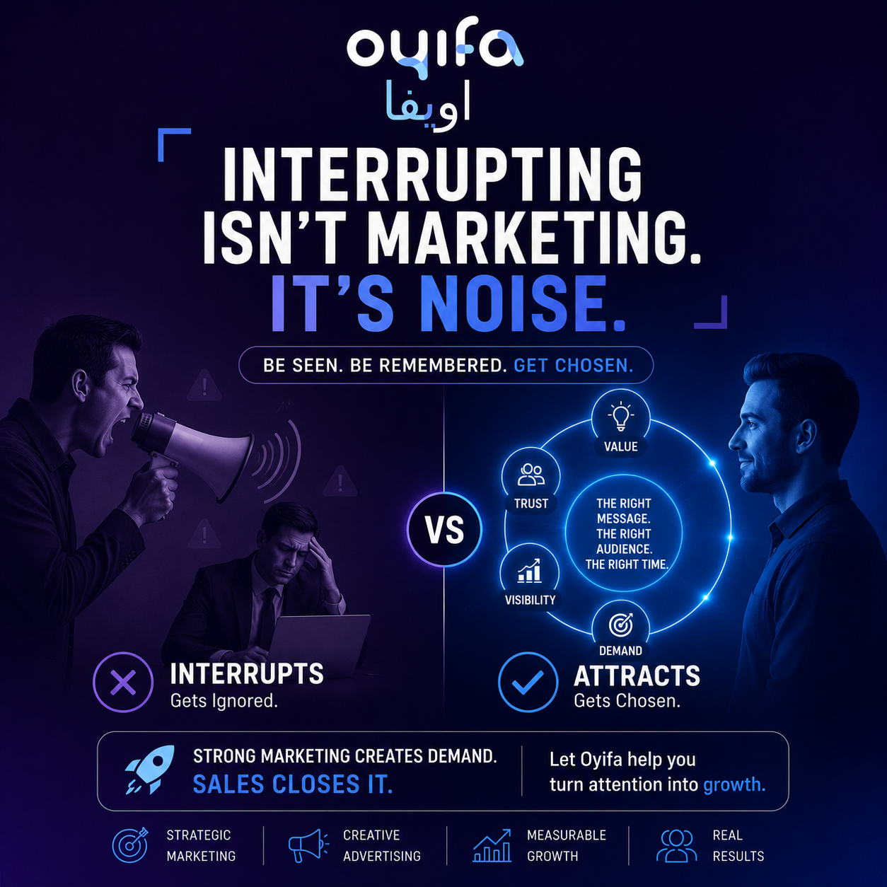 A sales professional reaching out to busy decision-makers while a strong marketing strategy builds demand in the background, highlighting the difference between interrupting prospects and attracting qualified buyers.