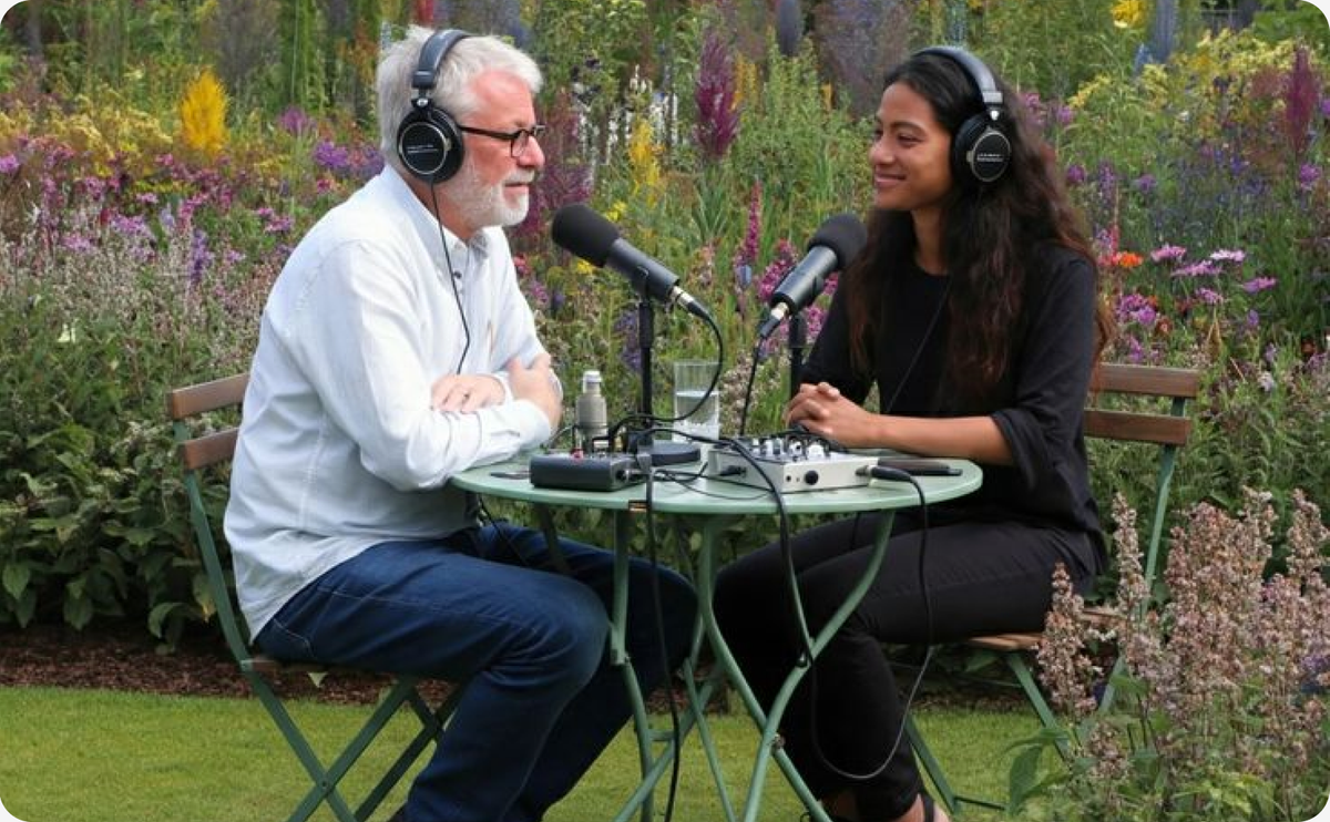 Two people recording a podcast in a garden