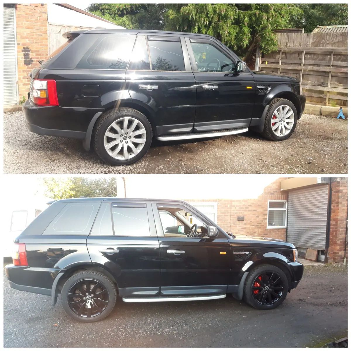 Our before-and-after of a black Range Rover Sport: silver wheels on top, gloss black wheels below