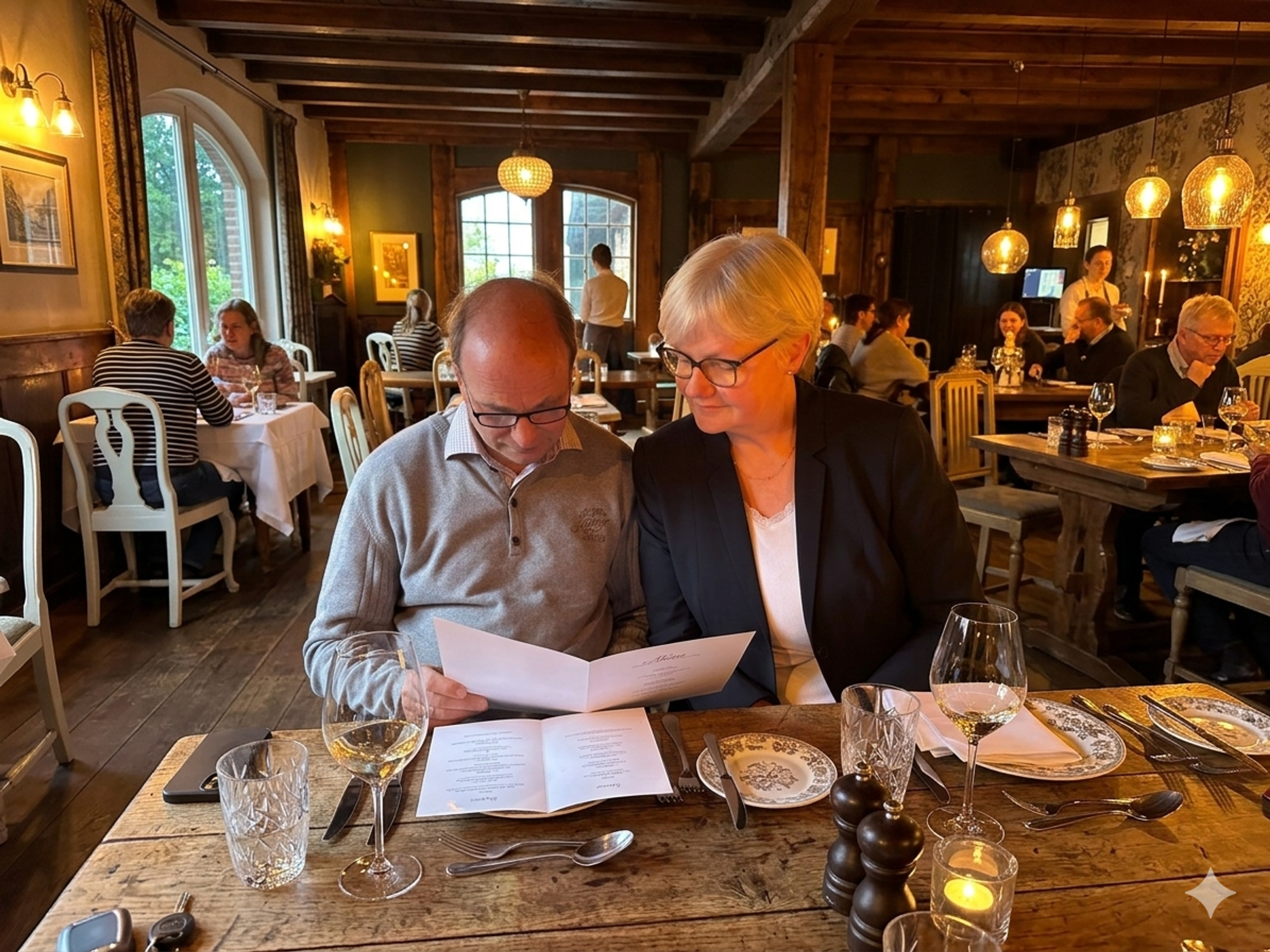 Ein Paar sitzt in einem gemütlichen Restaurant und liest die Speisekarte, umgeben von Holzdekor und warmem Licht.
