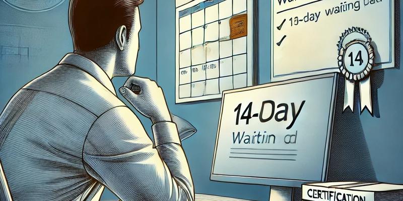 A detailed image depicting a professional sitting at a desk with a computer, studying for a certification exam.