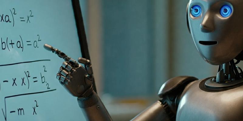 A metallic robot tutor with a human-like face and expressive eyes, in a chat window interface, patiently explaining a mathematical equation.