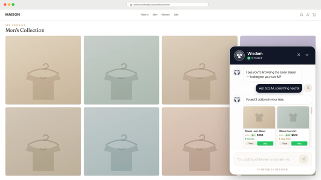 WisdomChat AI personal shopper widget on a Shopify fashion store — proactive styling assistant on a product page