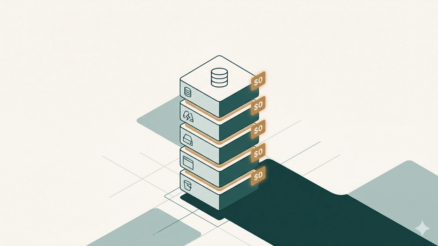 Illustration of a five-layer cloud infrastructure stack — database, cache, backend, frontend, and object storage — each block tagged with a $0 cost badge, representing a full-stack AI   product built entirely on free-tier services