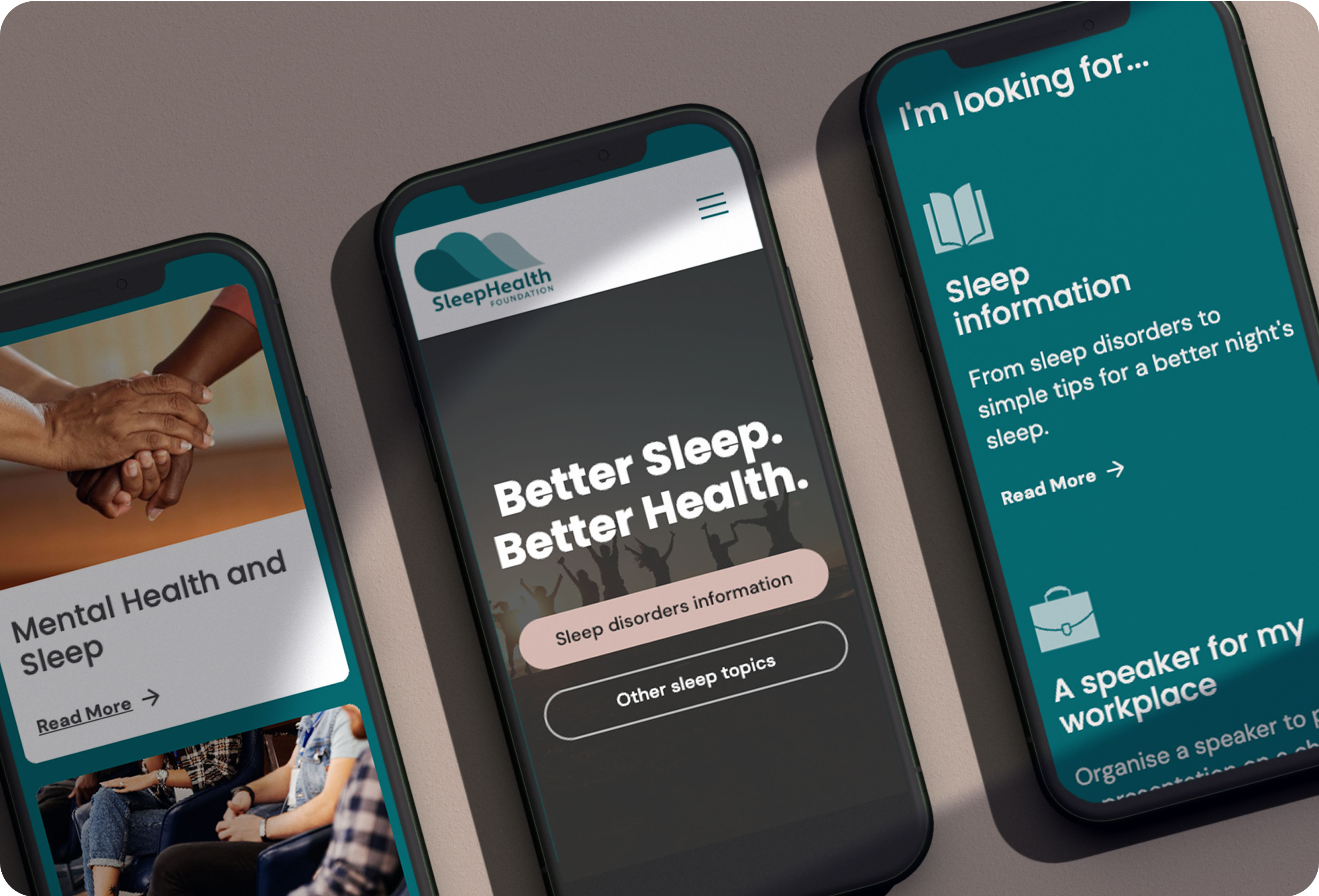 An image of three smartphones showing the type of information you can find on the Sleep Health Foundation website.