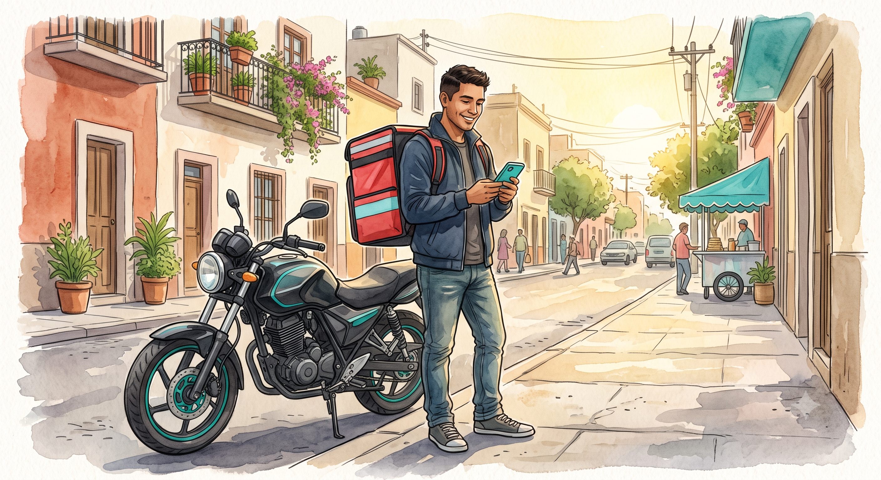 Repartidor con moto en la calle - Guia Plataformas Tecnologicas 2026
