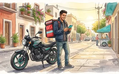 Repartidor con moto en la calle - Guia Plataformas Tecnologicas 2026