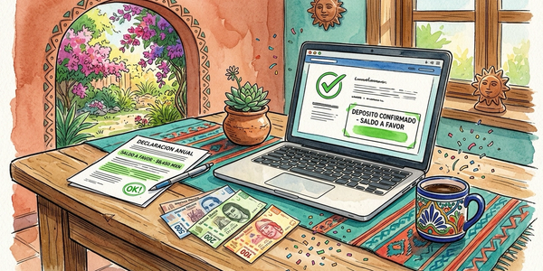 Laptop con deposito confirmado, billetes mexicanos y declaracion anual con saldo a favor