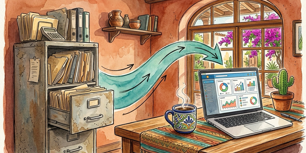 Escritorio mexicano con archivero viejo y laptop moderna conectados por flecha acuarela