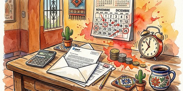 Carta del SAT abierta con calendario marcado en rojo y reloj de urgencia