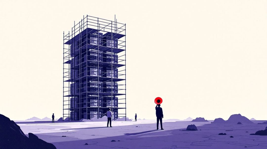 Turm aus Serverschrank-Blöcken wächst in leerem Gerüst; unten sprechen Menschen in ein großes rotes Sprachrohr.