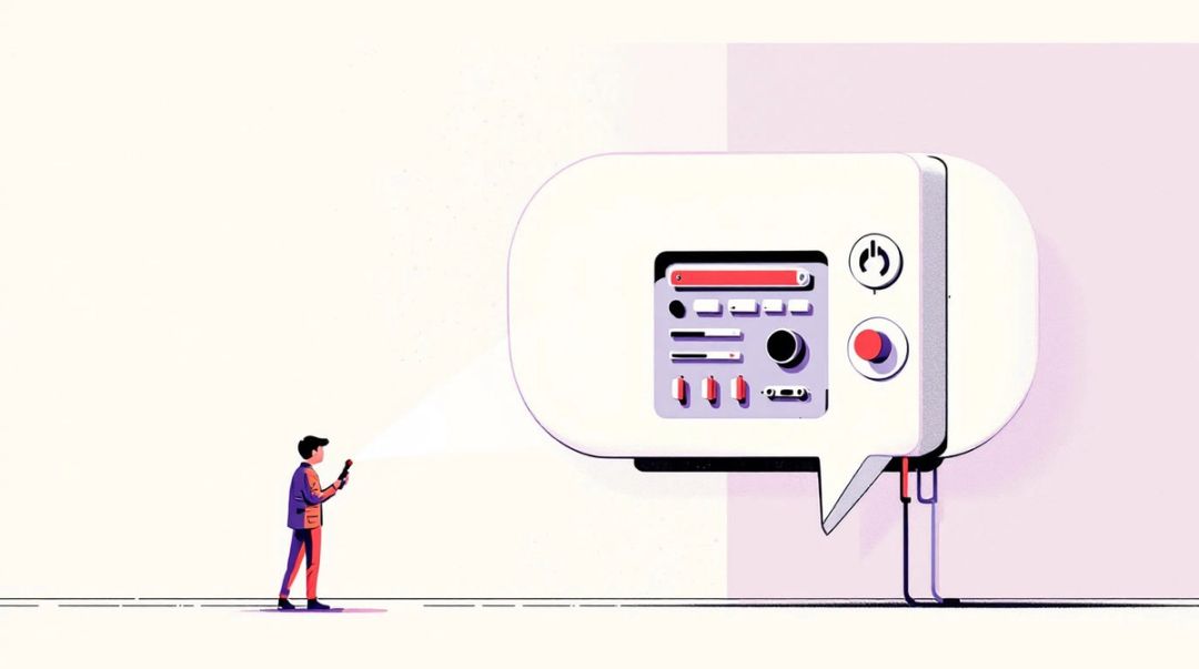 Open chat speech bubble filled with colorful knobs and switches, inspected by a small figure holding a flashlight.