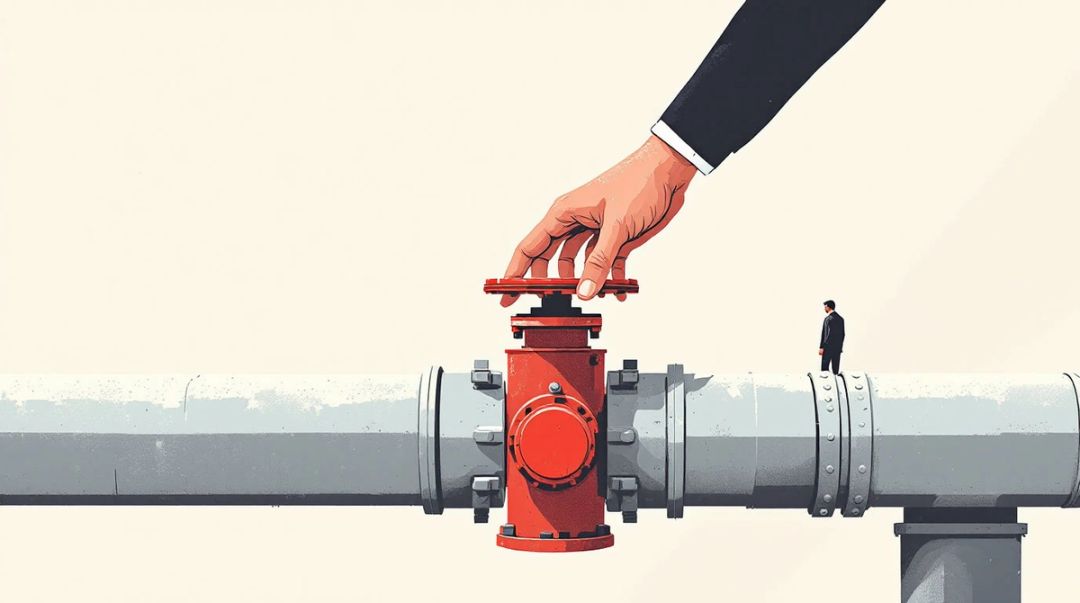Illustration: a stranger's hand turns a red valve on a pipeline while its distant owner watches from behind.