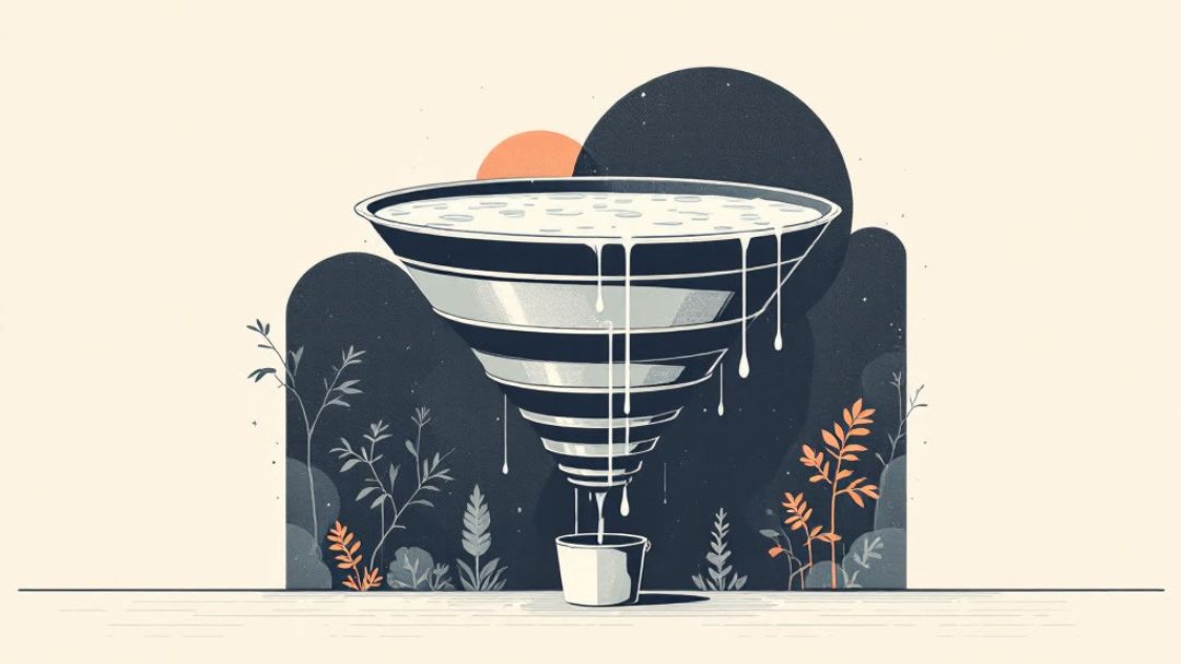 Illustration of a ringed metal funnel leaking water at its joints into a small bucket below.