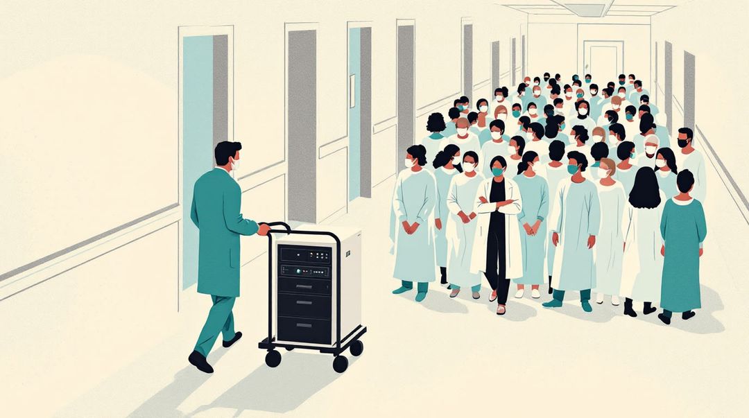 Patients in a hospital corridor block technicians pushing a wheeled server cabinet toward ward doors.