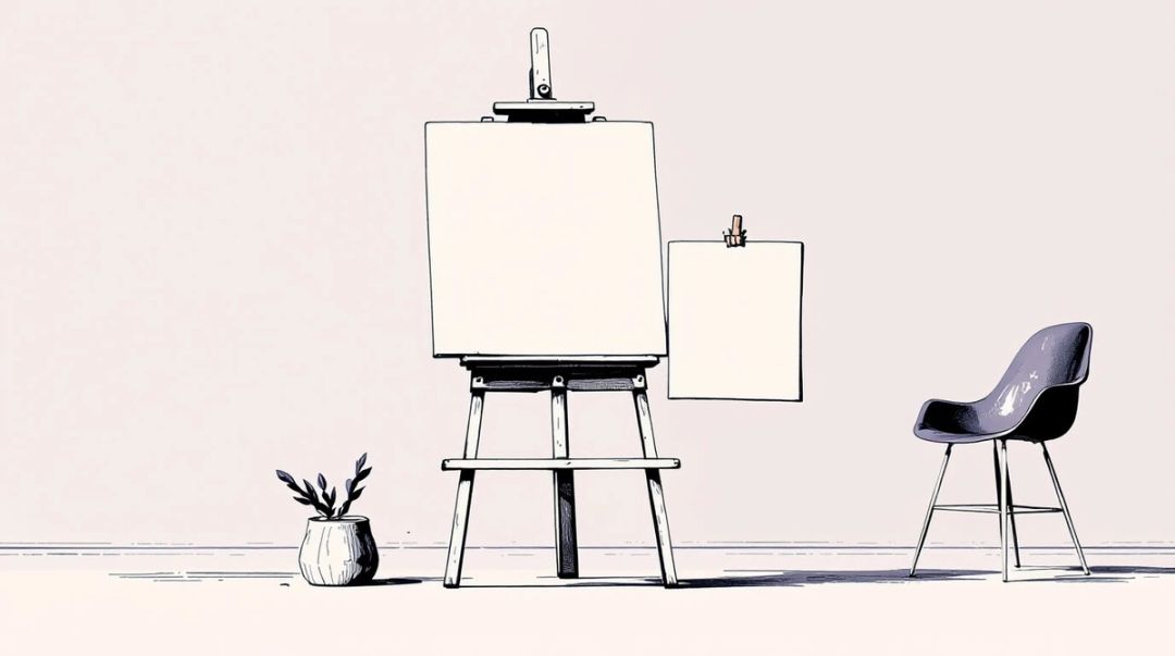 Flat illustration of an easel holding a large blank canvas with a smaller panel clamped alongside
