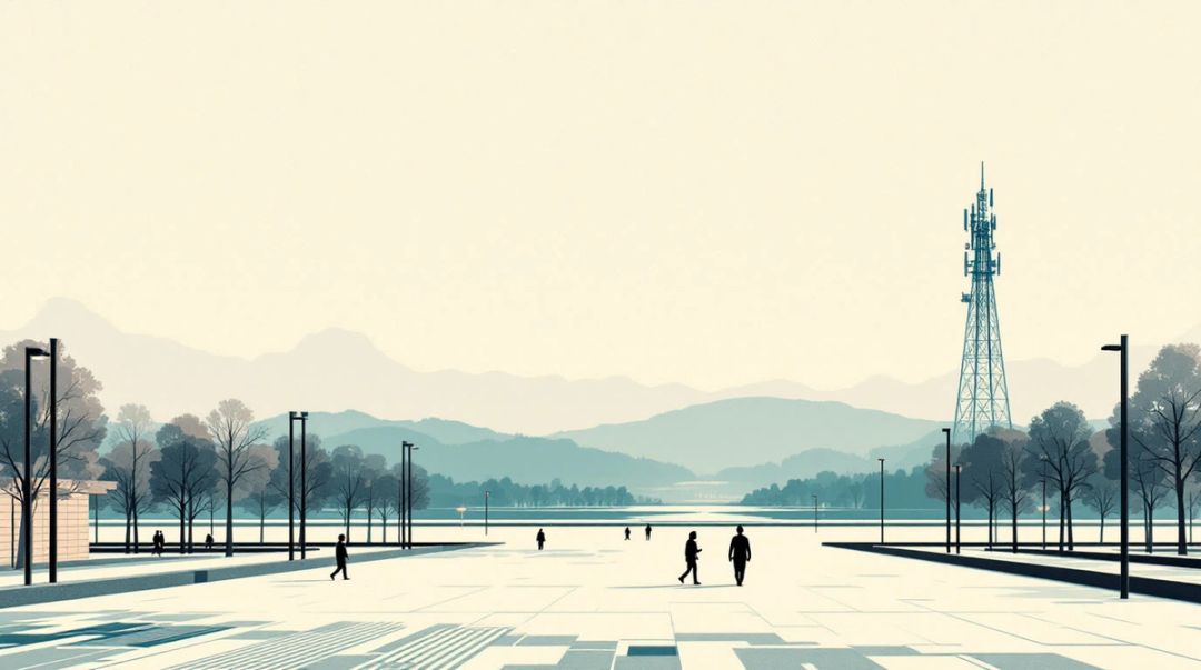 Cell mast above a plaza; small figures walk away toward a distant mast, one turning back.