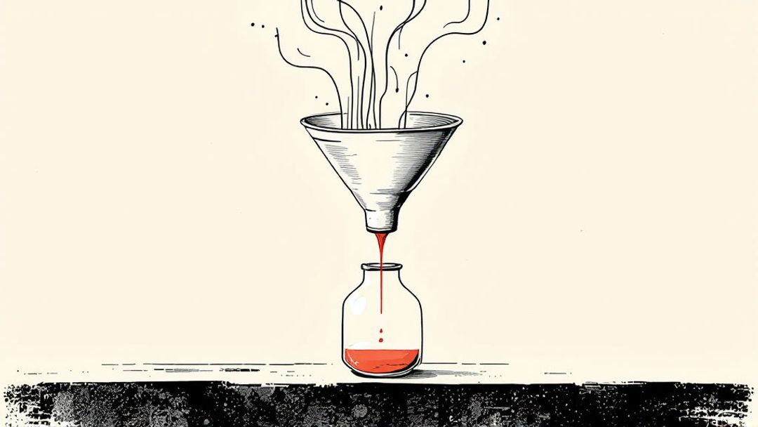 Wide stream enters an opaque funnel; only a thin trickle reaches the small glass jar below.