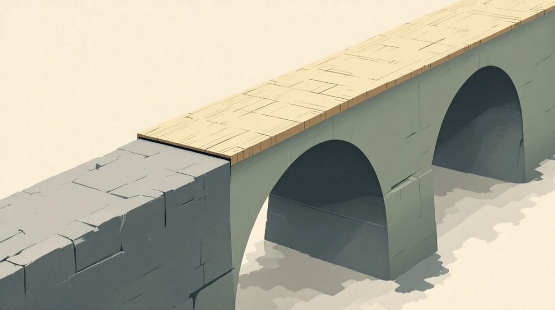 A short wooden plank laid across a long stone bridge span, covering only part of the gap.